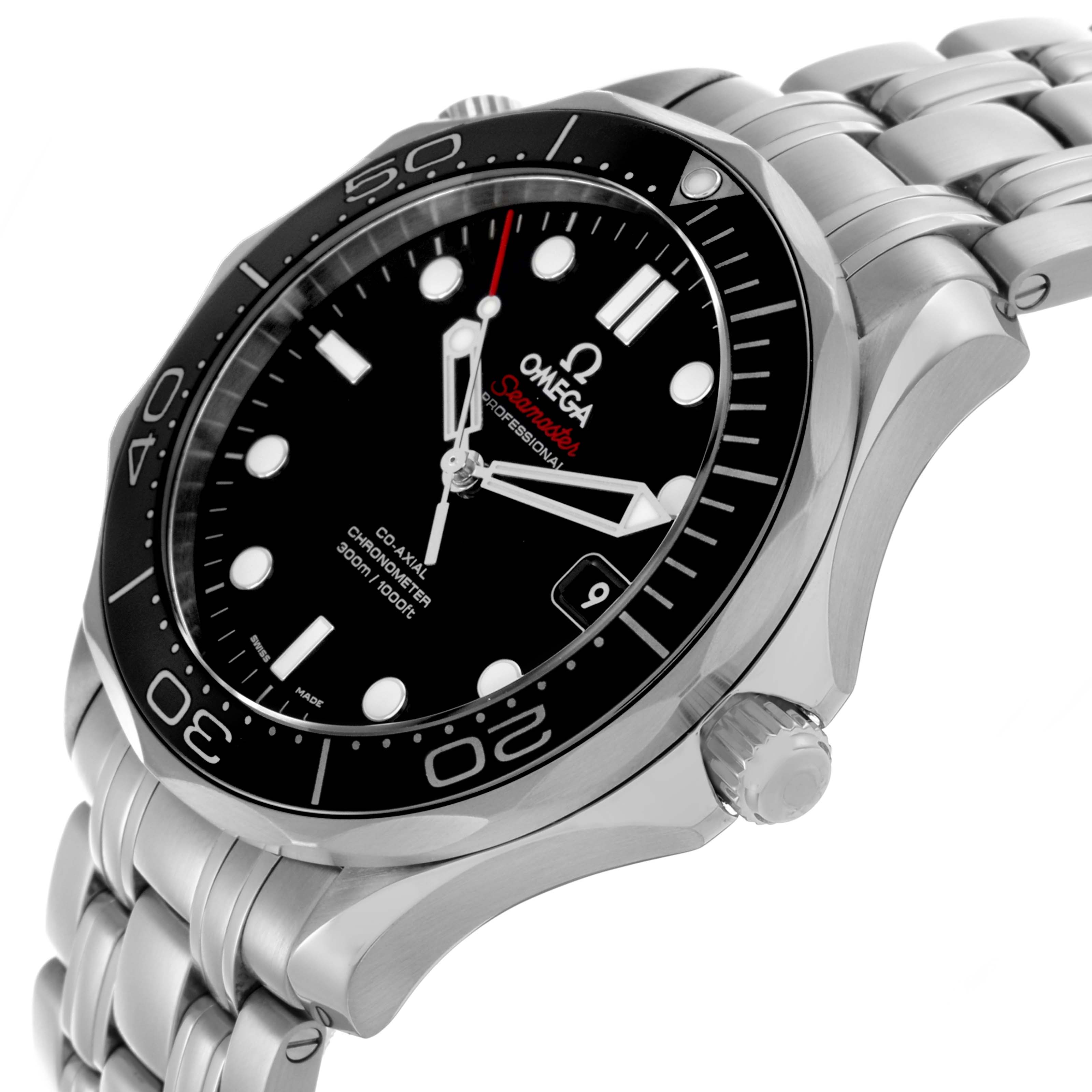 The Omega Seamaster 212.30.41.20.01.003 Men
s Stainless Steel Black Dial 212.30.41.20.01.003 Men
s Stainless Steel Black Dial watch is shown at an angled view, highlighting the face, bezel, crown, and stainless steel bracelet.