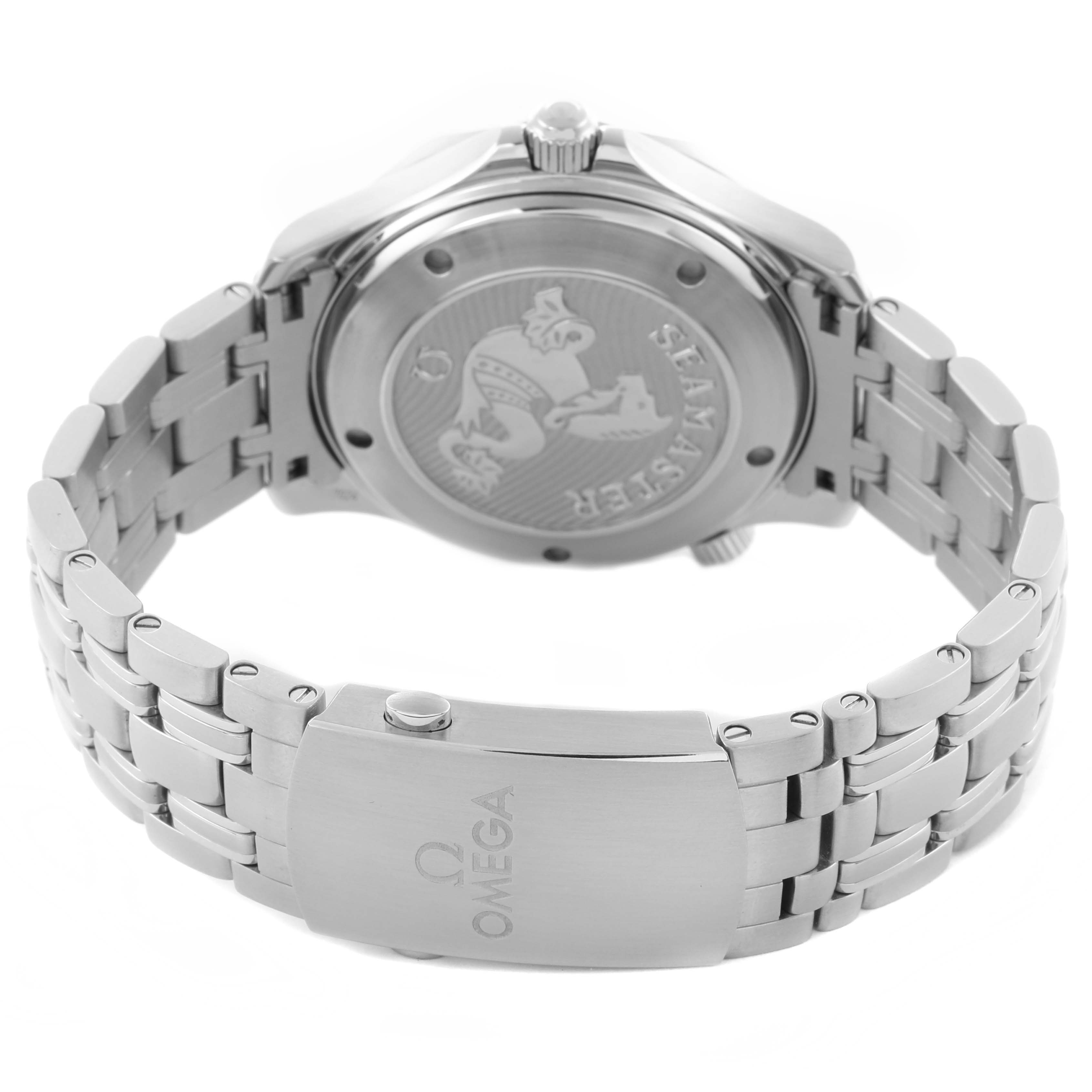 The Omega Seamaster 212.30.41.20.01.003 Men
s Stainless Steel Black Dial 212.30.41.20.01.003 Men
s Stainless Steel Black Dial is shown from the back, highlighting the case back and stainless steel bracelet.