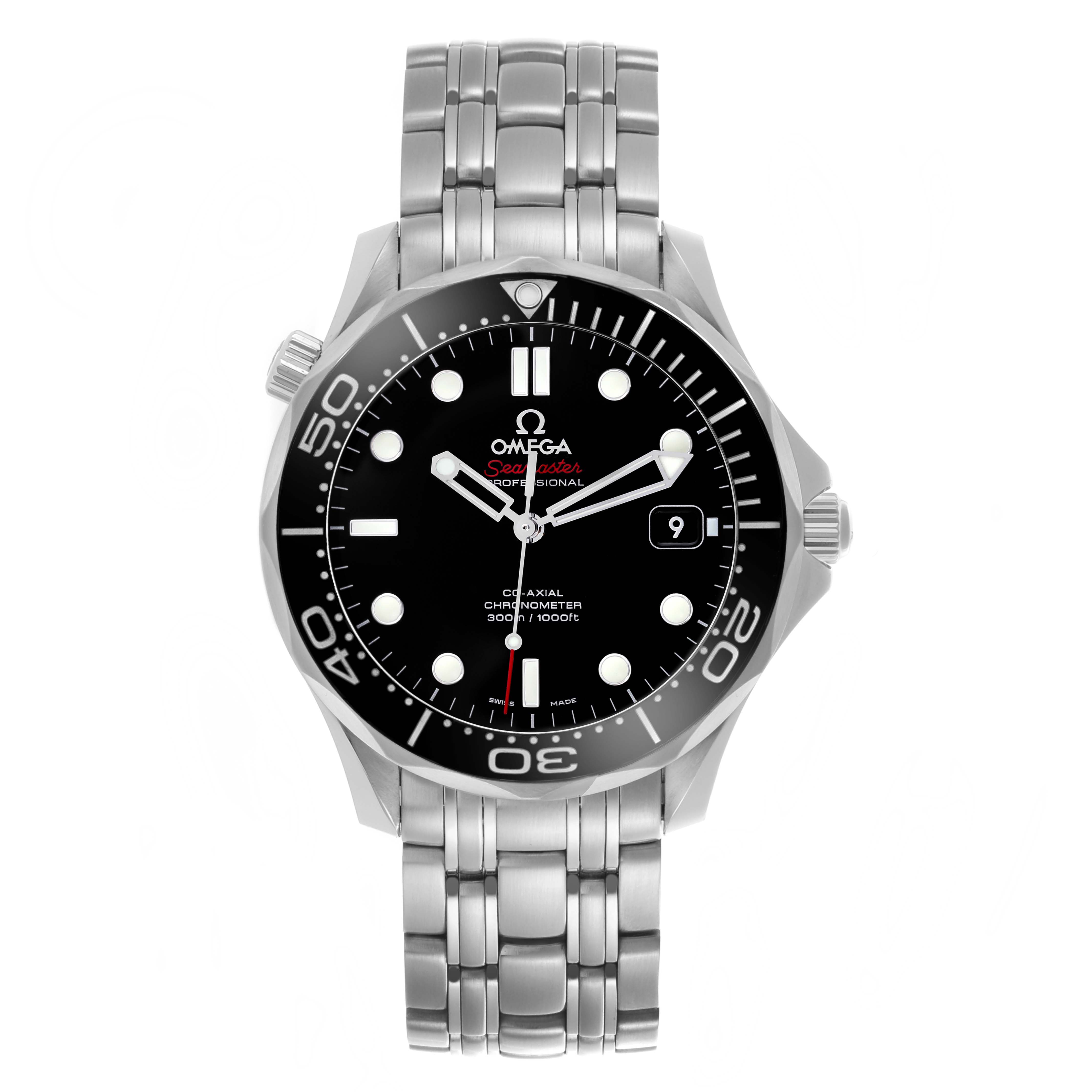 The Omega Seamaster 212.30.41.20.01.003 Men
s Stainless Steel Black Dial 212.30.41.20.01.003 Men
s Stainless Steel Black Dial watch is shown from a front angle displaying the dial, bezel, bracelet, and side crown.