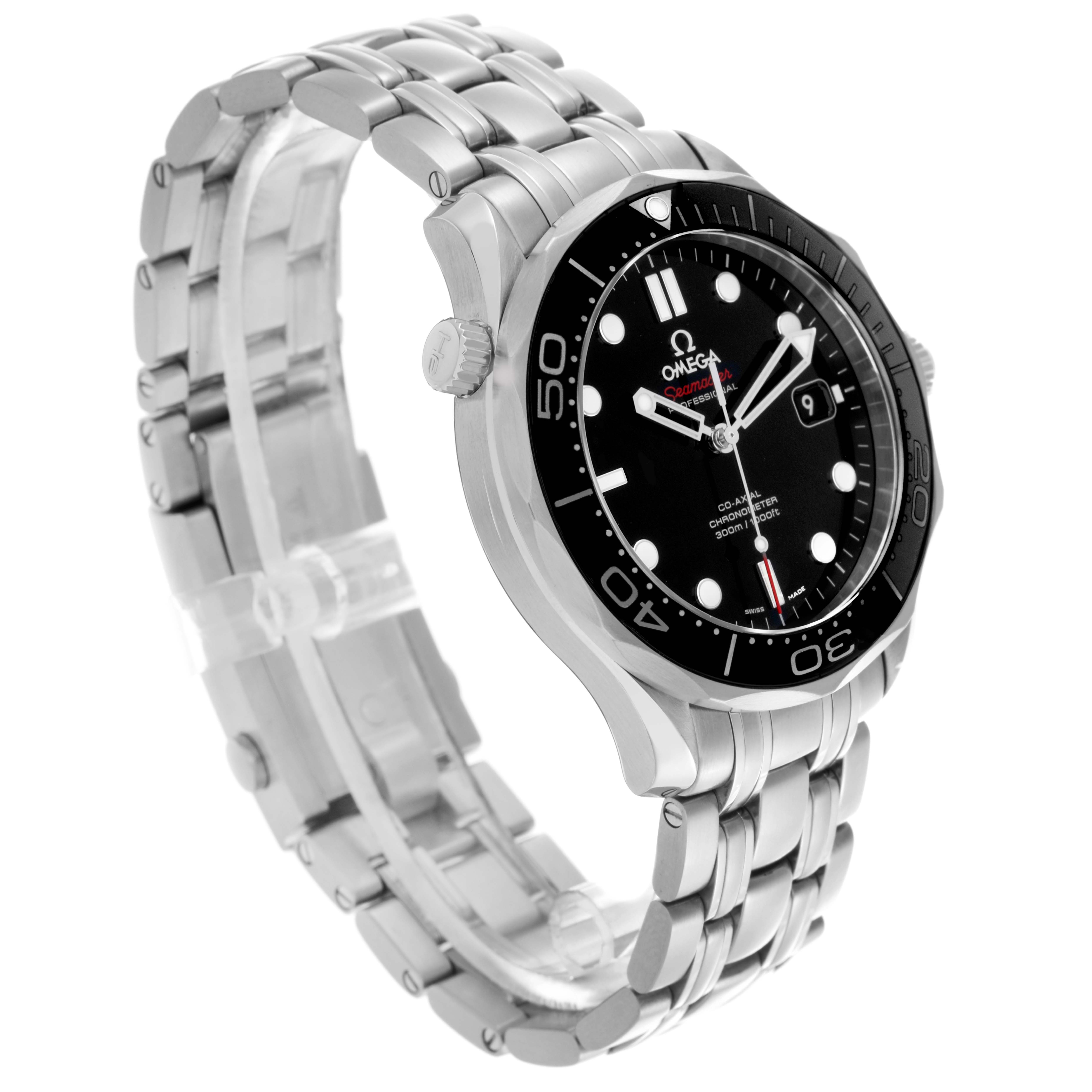 The Omega Seamaster 212.30.41.20.01.003 Men
s Stainless Steel Black Dial 212.30.41.20.01.003 Men
s Stainless Steel Black Dial watch is shown at a three-quarter angle, highlighting its face, bezel, and stainless steel bracelet.