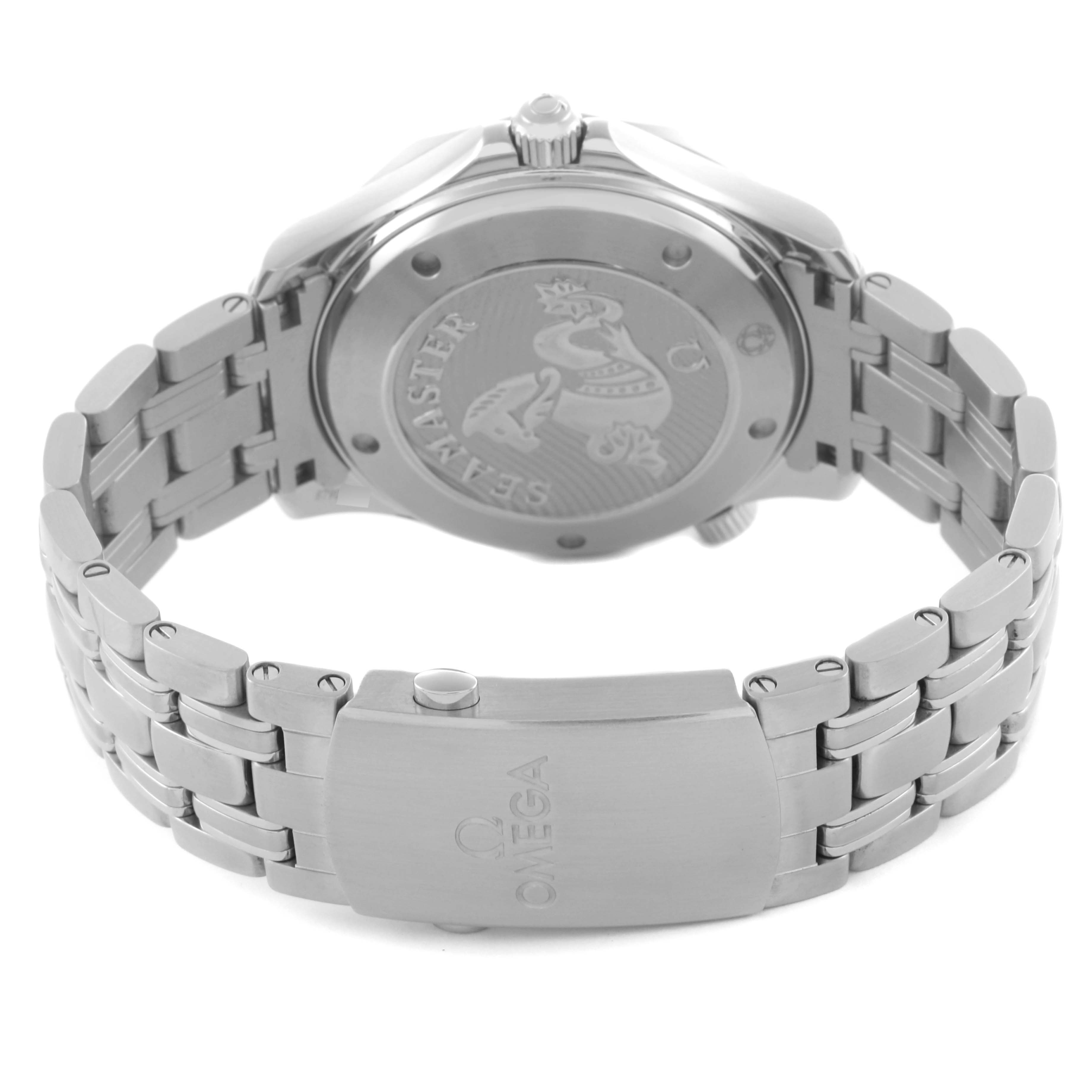 The image shows the Omega Seamaster 212.30.41.20.01.003 Men
s Stainless Steel Black Dial 212.30.41.20.01.003 Men
s Stainless Steel Black Dial watch from the back, highlighting the case back and metal bracelet with the clasp visible.