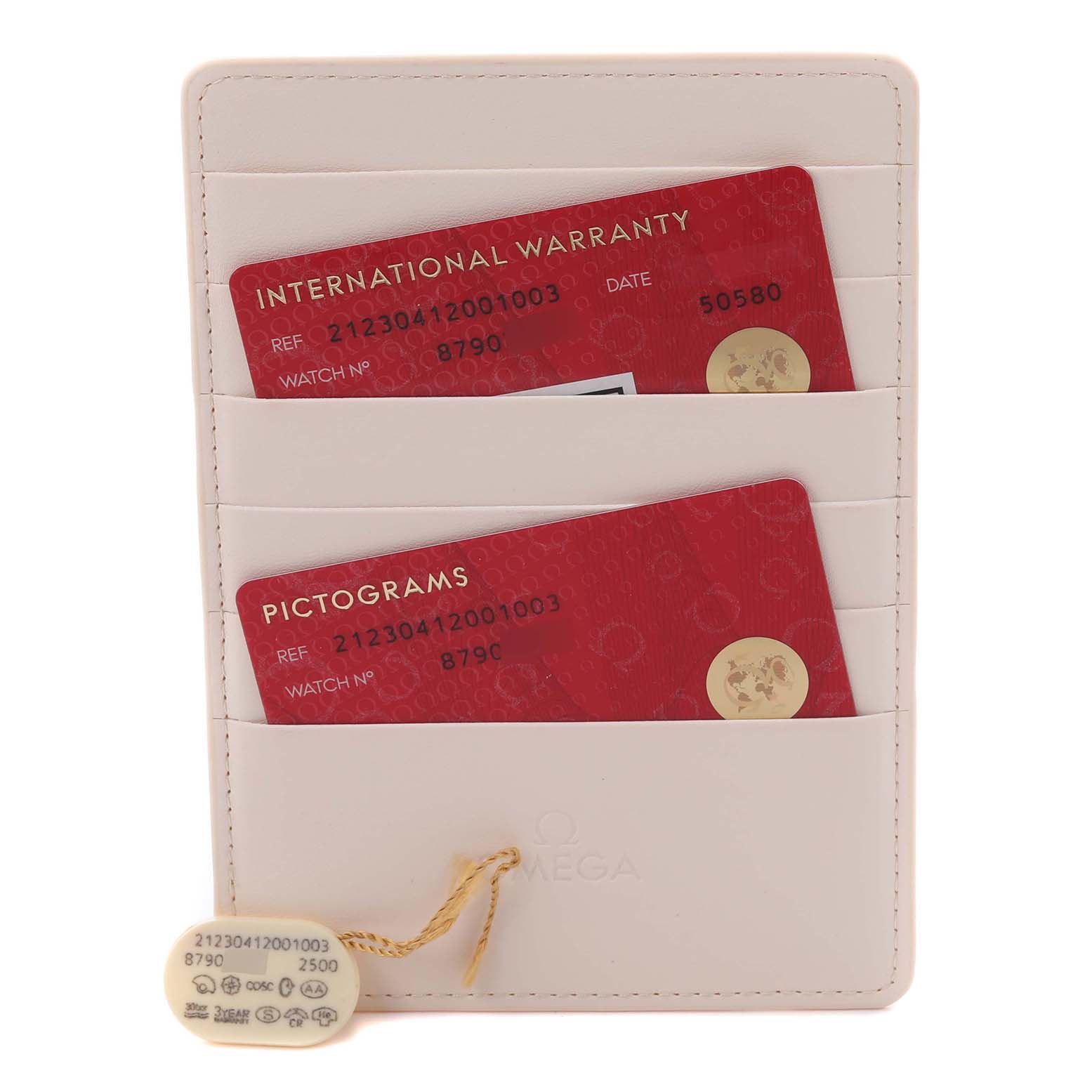 The image shows Omega Seamaster 212.30.41.20.01.003 Men
s Stainless Steel Black Dial 212.30.41.20.01.003 Men
s Stainless Steel Black Dial model warranty cards and a hang tag nestled in a cardholder.