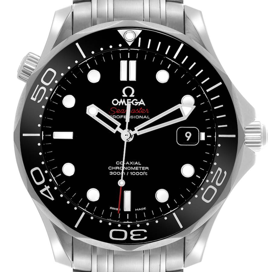 The Omega Seamaster watch is shown from the front, displaying the dial, hands, bezel, and metal bracelet.