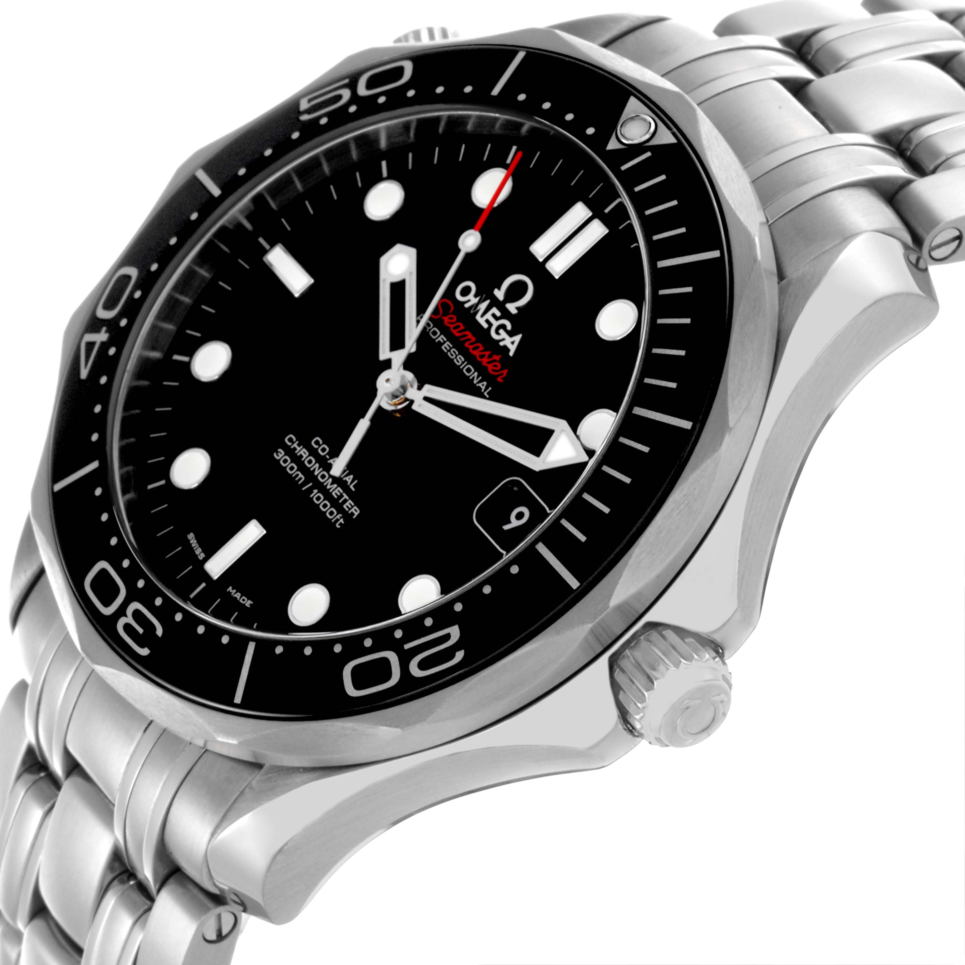 The Omega Seamaster 212.30.41.20.01.003 Men
s Stainless Steel Black Dial 212.30.41.20.01.003 Men
s Stainless Steel Black Dial is shown at an angled view highlighting the dial, bezel, crown, and stainless steel bracelet.