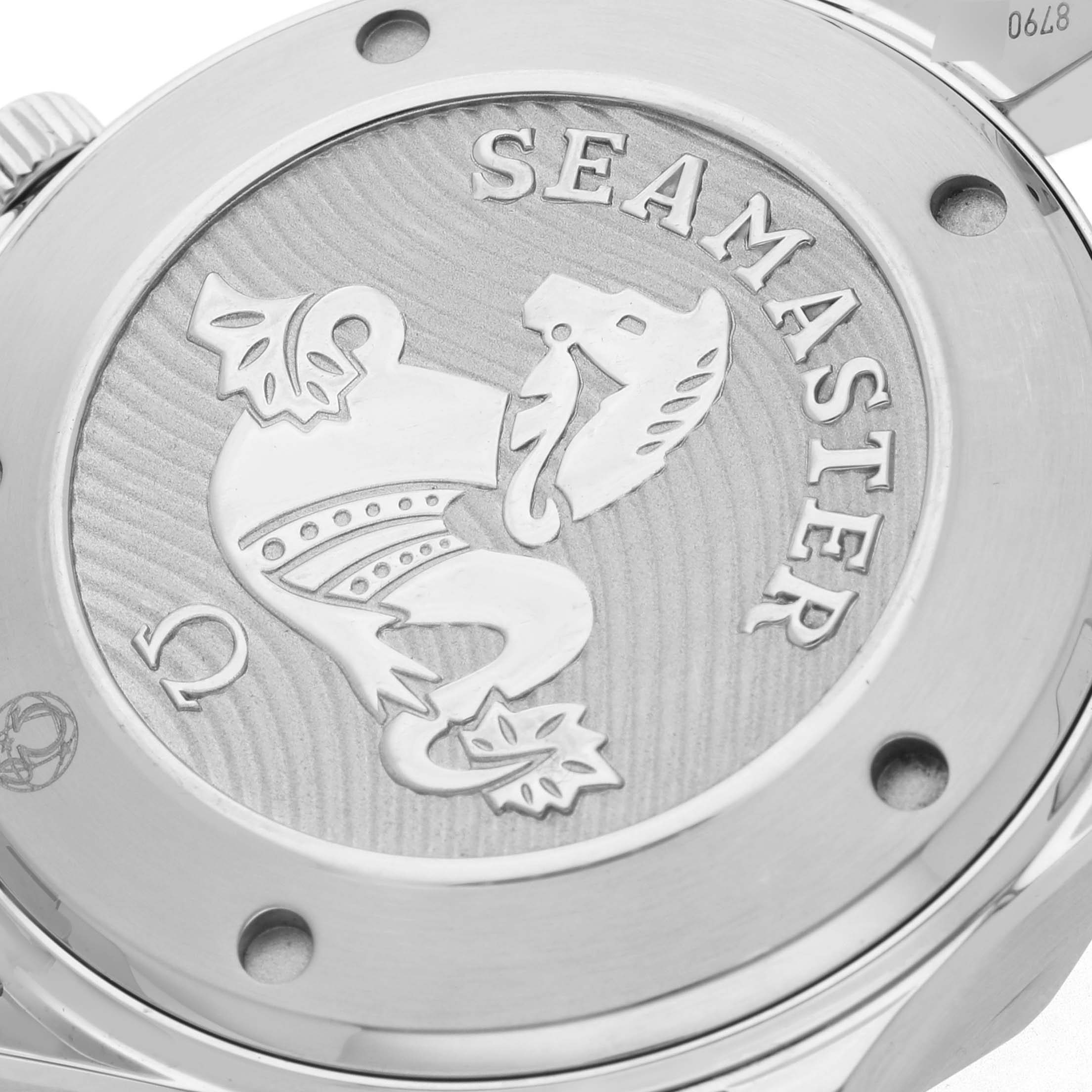 The image shows the case back of the Omega Seamaster 212.30.41.20.01.003 Men
s Stainless Steel Black Dial 212.30.41.20.01.003 Men
s Stainless Steel Black Dial, highlighting the engraved design and branding.