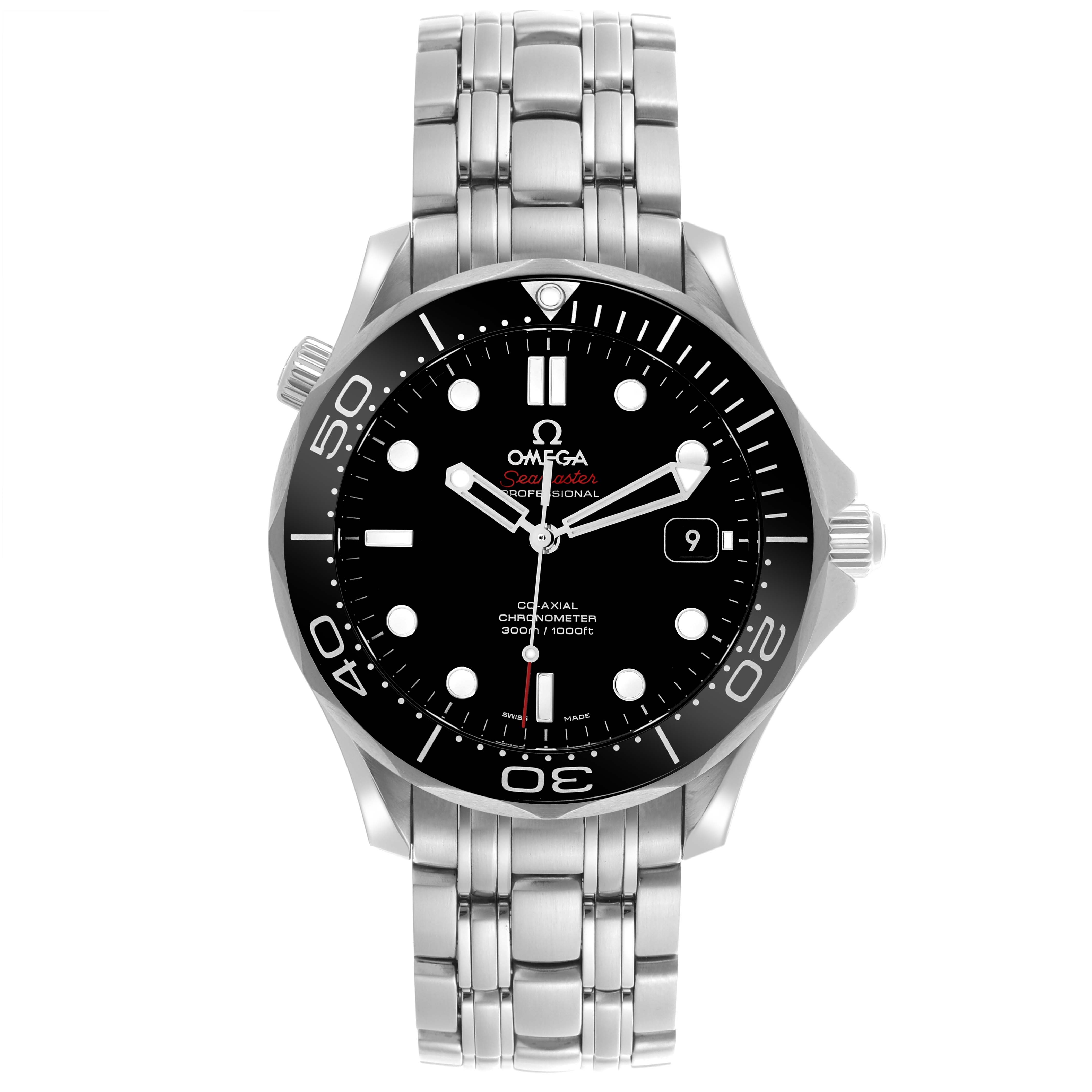 The Omega Seamaster 212.30.41.20.01.003 Men
s Stainless Steel Black Dial 212.30.41.20.01.003 Men
s Stainless Steel Black Dial watch is shown from the front, displaying its face, bezel, crown, and bracelet.