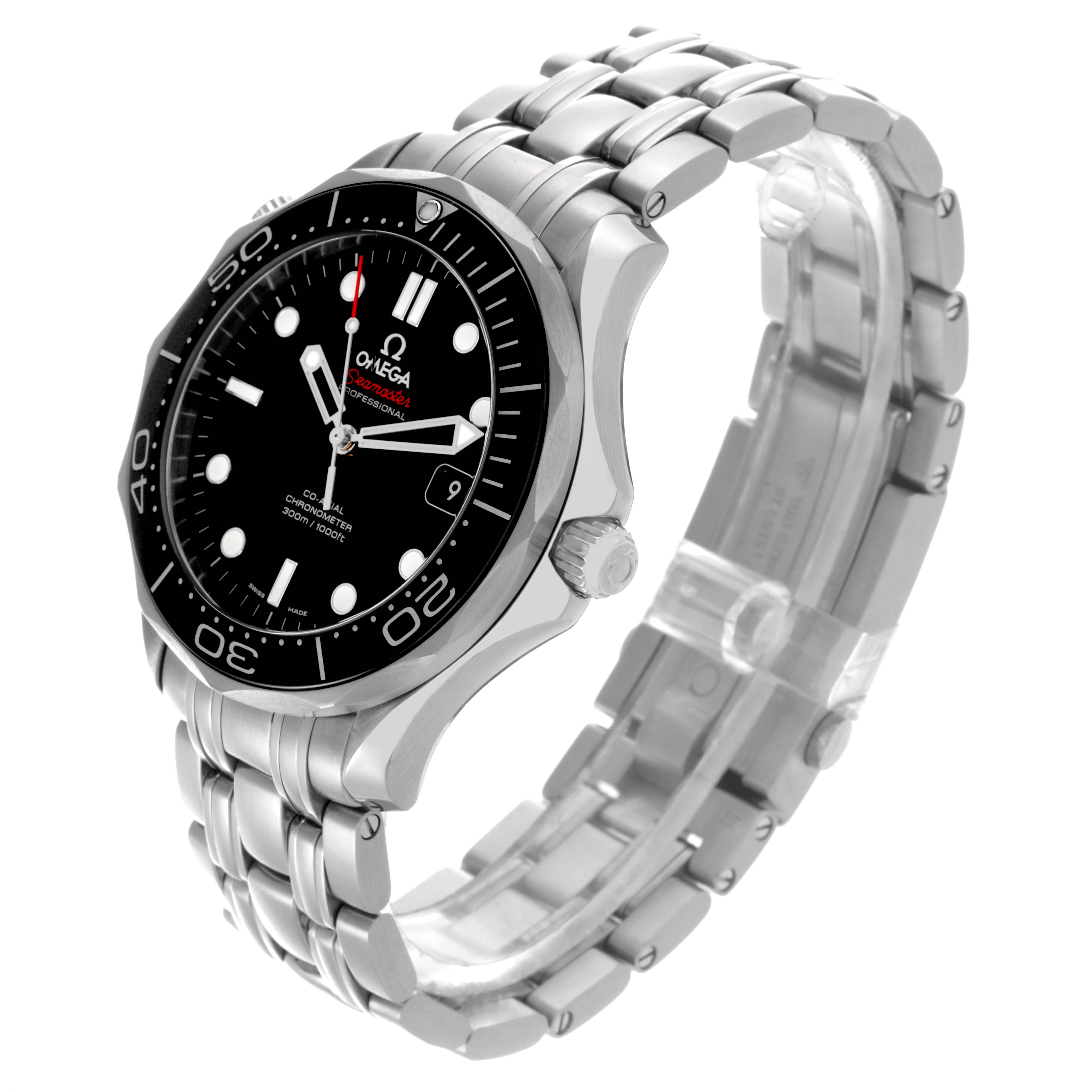 The Omega Seamaster 212.30.41.20.01.003 Men
s Stainless Steel Black Dial 212.30.41.20.01.003 Men
s Stainless Steel Black Dial watch is shown at an angled view, highlighting the face, bezel, crown, and stainless steel bracelet.