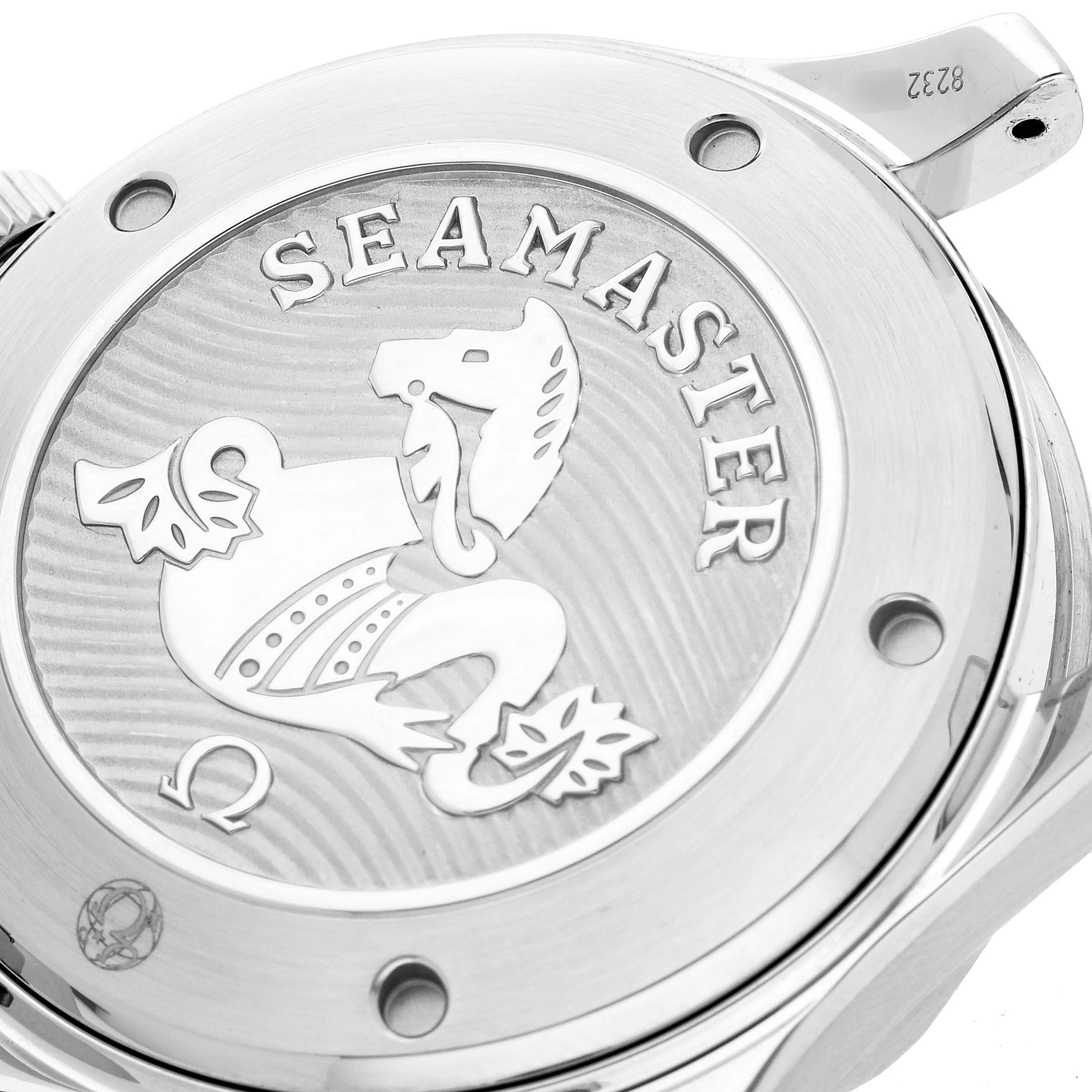 The image shows the back case of the Omega Seamaster 212.30.41.20.03.001 Men
s Stainless Steel Blue Dial 212.30.41.20.03.001 Men
s Stainless Steel Blue Dial watch, featuring engraved details and the Seamaster logo.