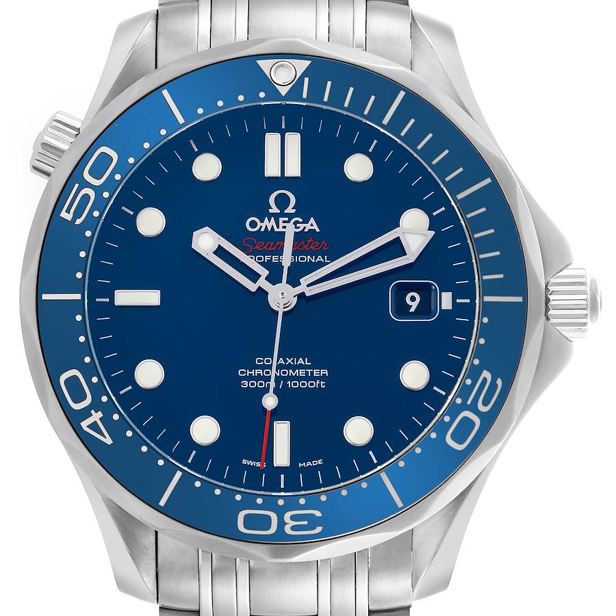 The image shows a front view of the Omega Seamaster watch, highlighting the dial, bezel, and crown.