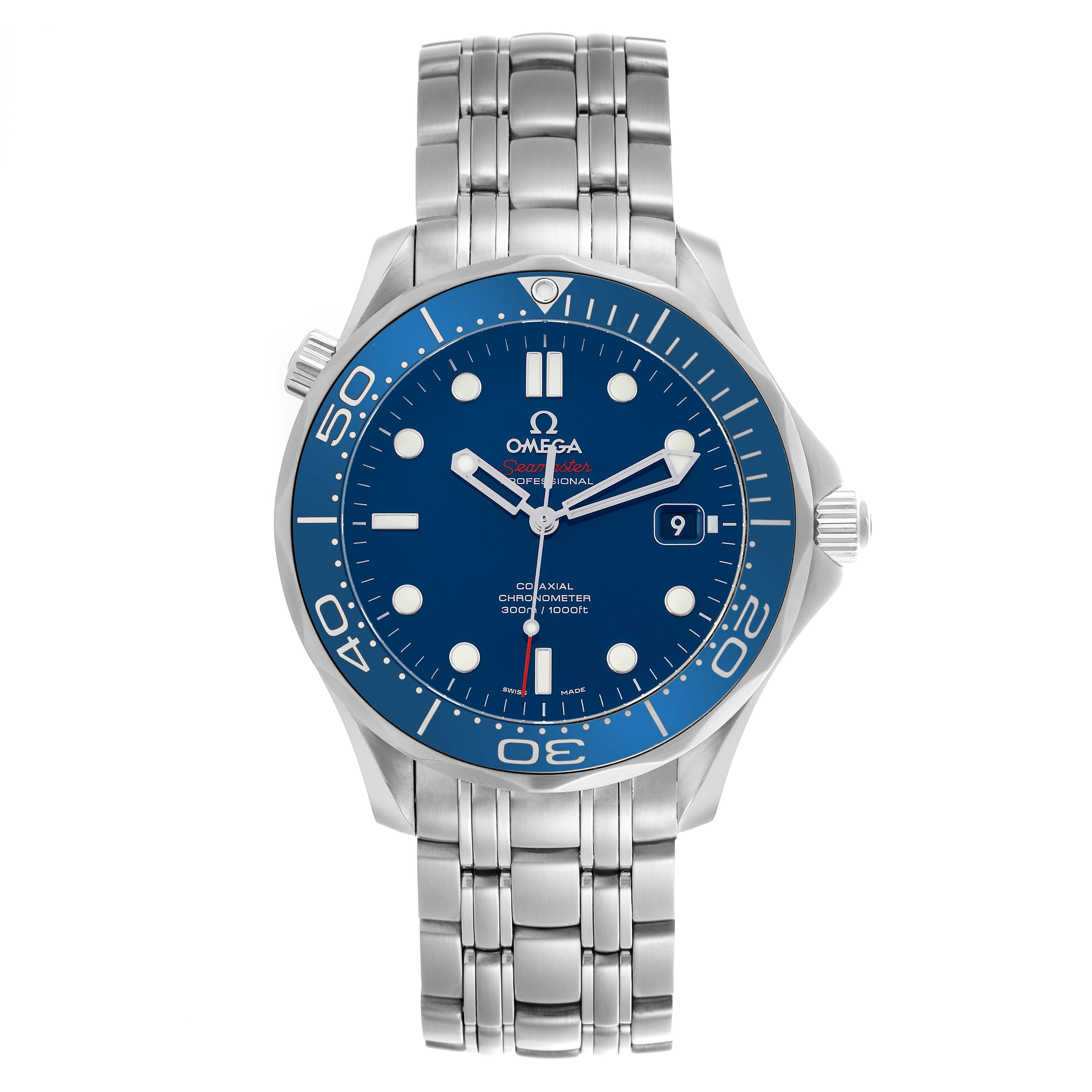 The Omega Seamaster 212.30.41.20.03.001 Men
s Stainless Steel Blue Dial 212.30.41.20.03.001 Men
s Stainless Steel Blue Dial watch is shown from the front, displaying the blue dial, bezel, crown, and metal bracelet.
