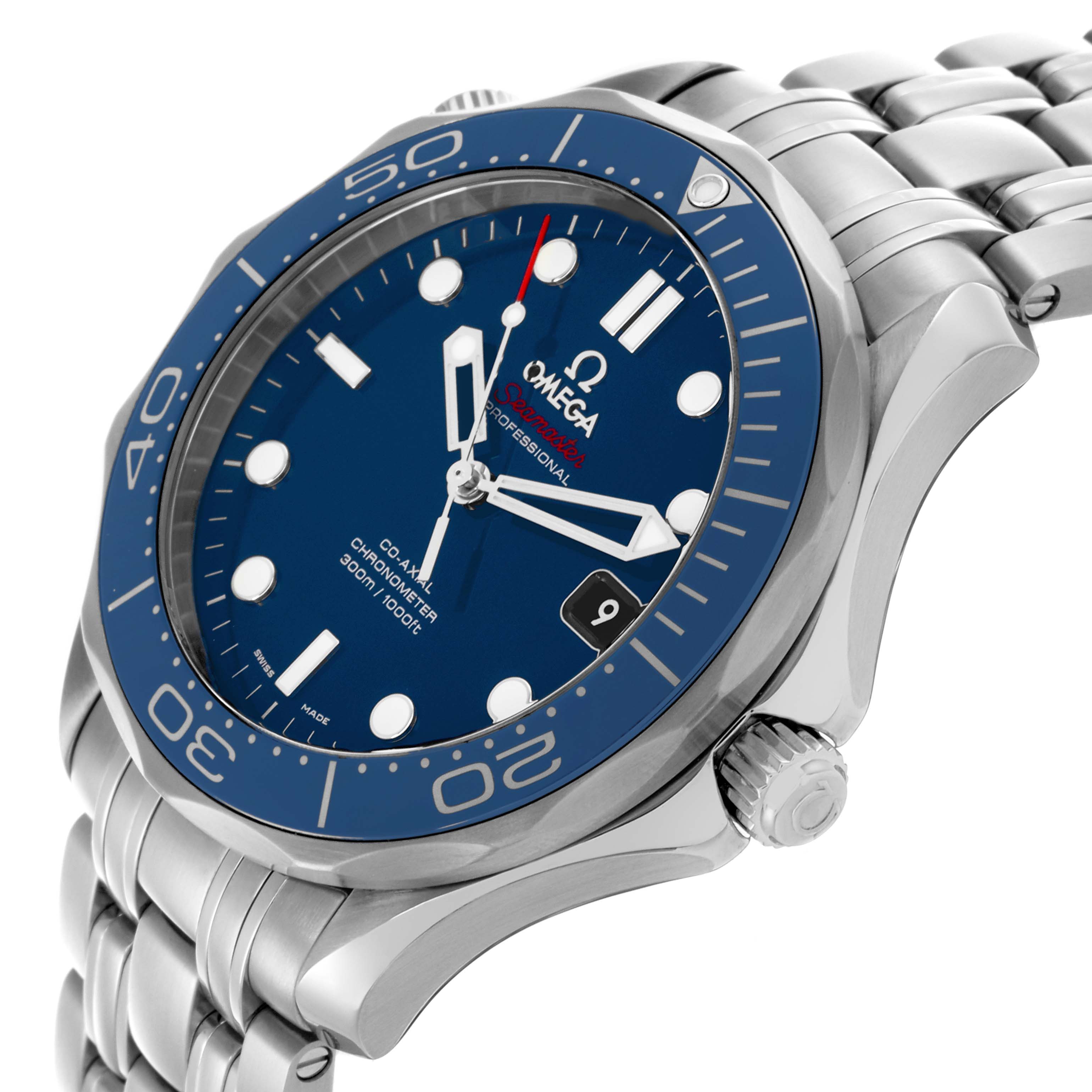 The Omega Seamaster 212.30.41.20.03.001 Men
s Stainless Steel Blue Dial 212.30.41.20.03.001 Men
s Stainless Steel Blue Dial watch is shown at an angle highlighting the blue dial, bezel, and stainless steel bracelet.