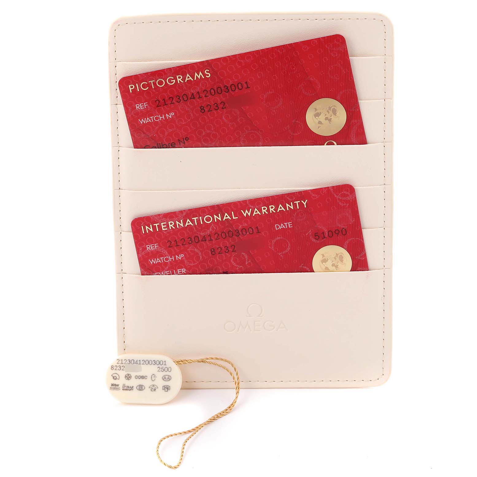 The image shows Omega Seamaster 212.30.41.20.03.001 Men
s Stainless Steel Blue Dial 212.30.41.20.03.001 Men
s Stainless Steel Blue Dial watch accessories, including a card holder with warranty and pictogram cards, and a tag.