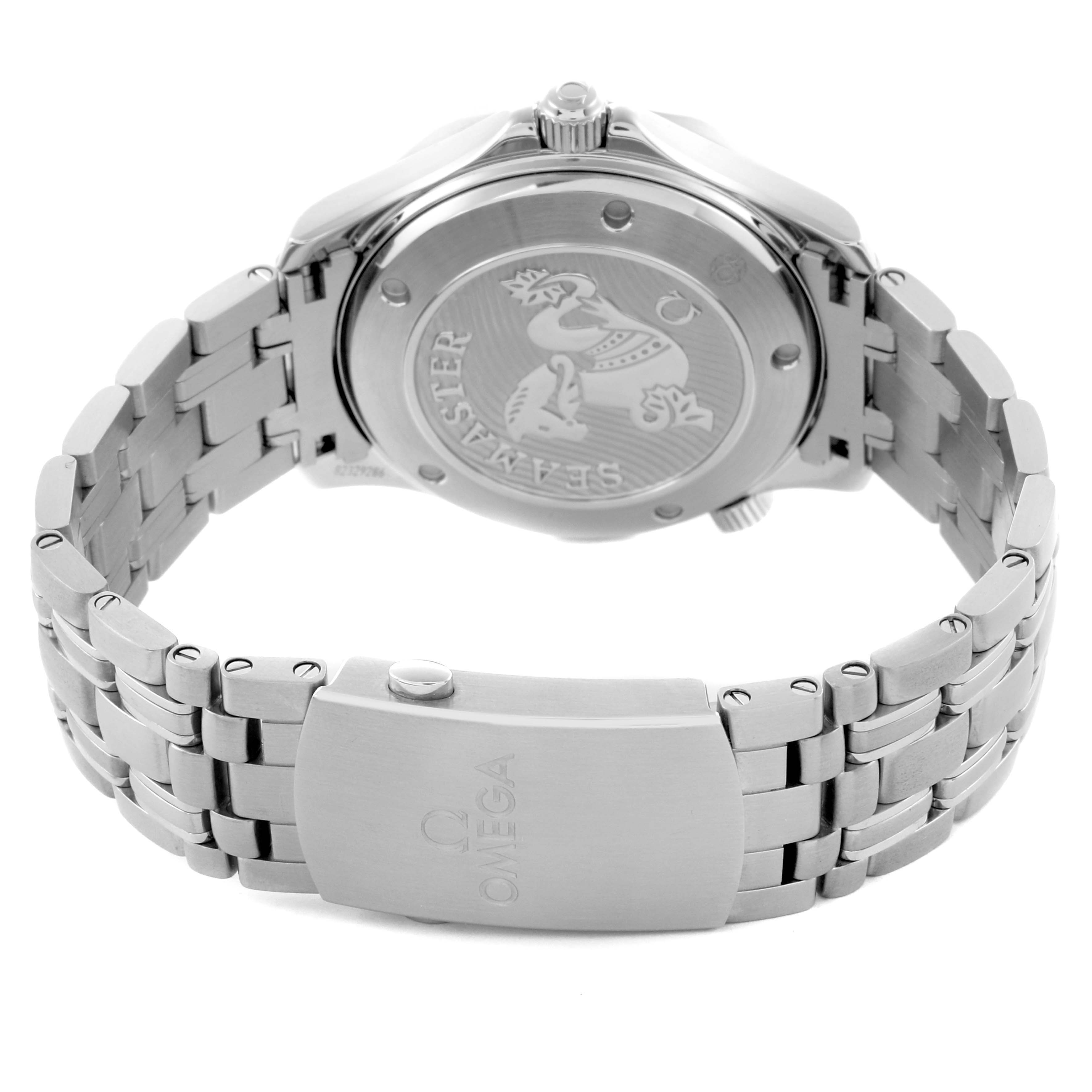 The image shows the back and clasp of an Omega Seamaster 212.30.41.20.03.001 Men
s Stainless Steel Blue Dial 212.30.41.20.03.001 Men
s Stainless Steel Blue Dial watch, highlighting the case back design and metal bracelet.