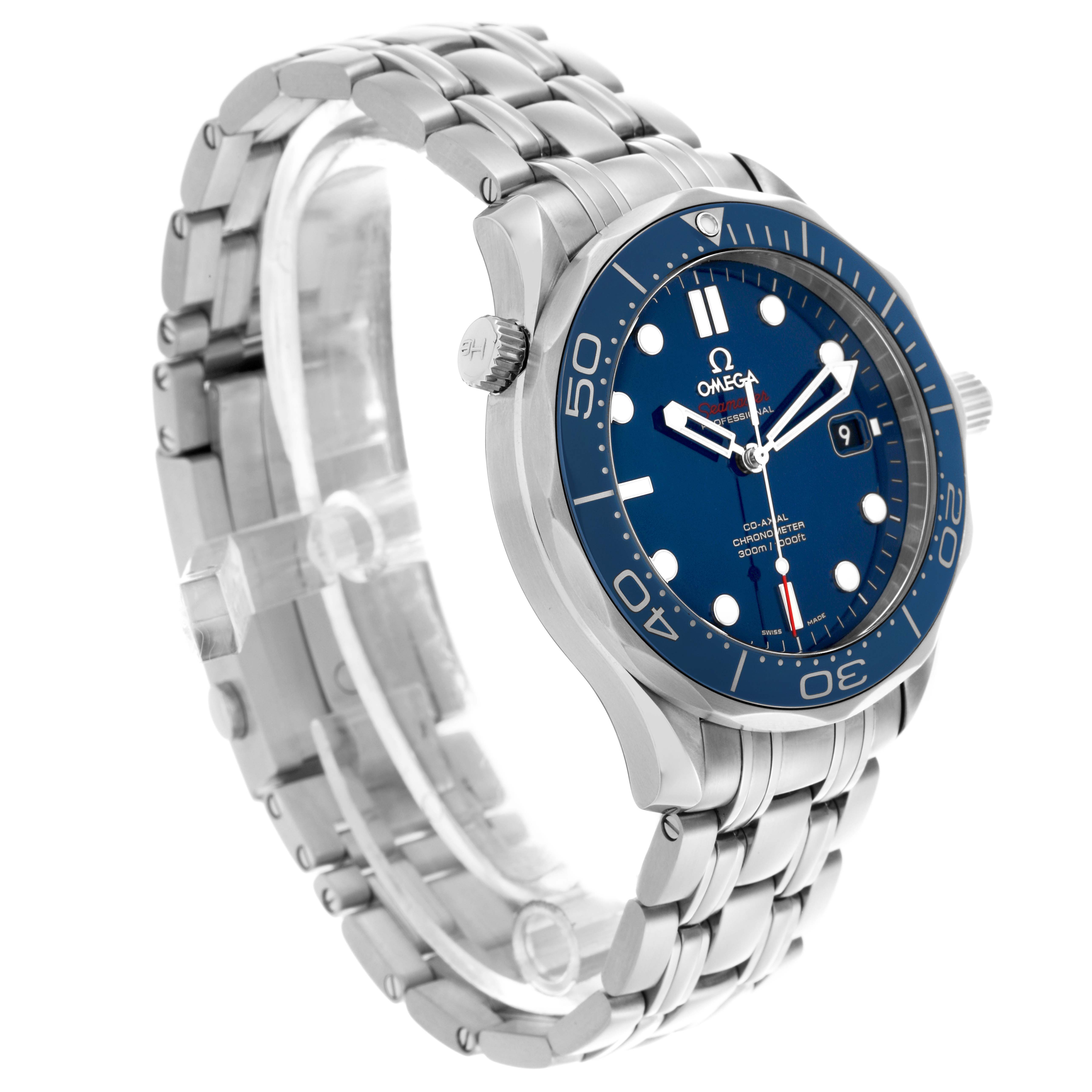 The Omega Seamaster 212.30.41.20.03.001 Men
s Stainless Steel Blue Dial 212.30.41.20.03.001 Men
s Stainless Steel Blue Dial watch is shown at a three-quarter angle, highlighting the dial, bezel, case, and metal bracelet.