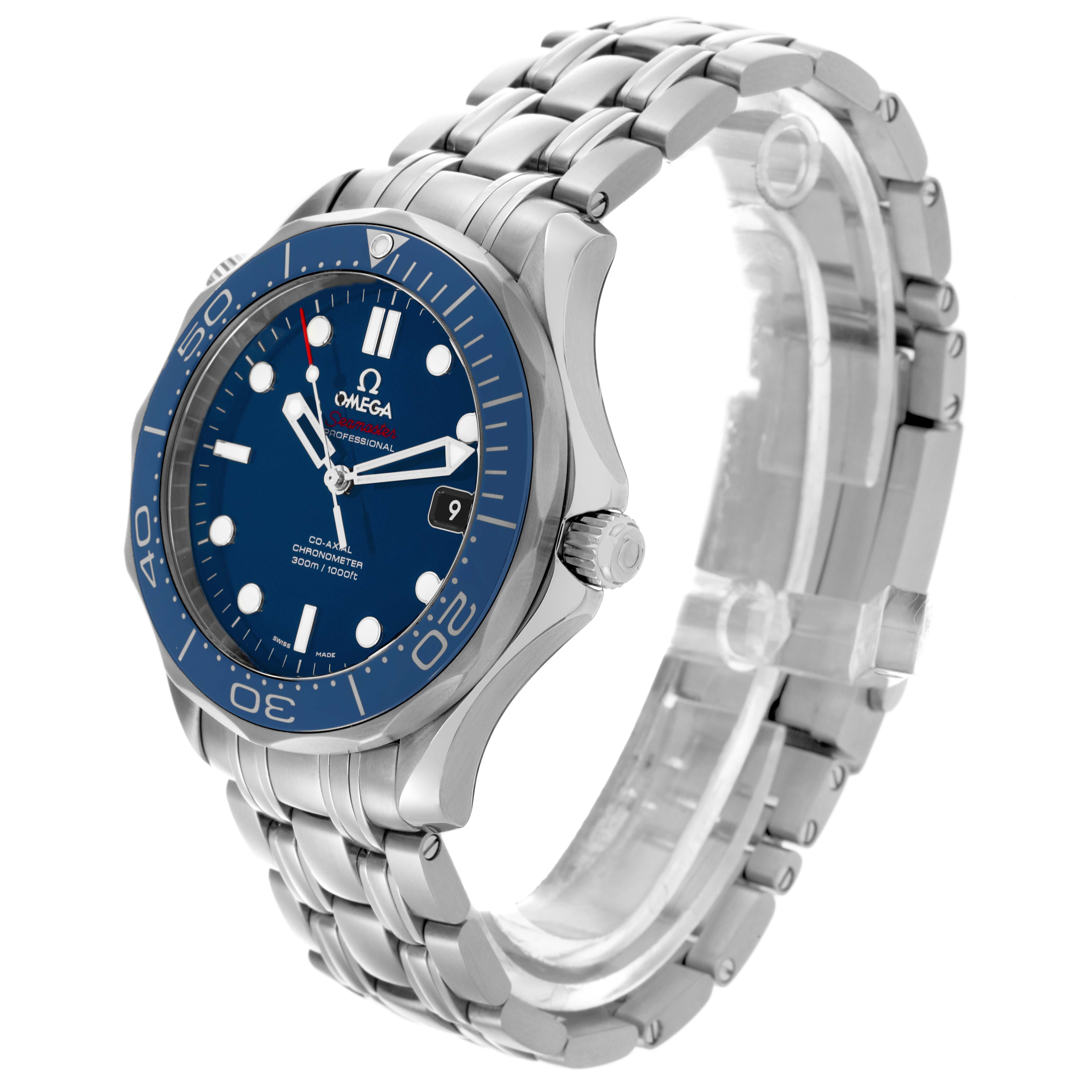 The Omega Seamaster 212.30.41.20.03.001 Men
s Stainless Steel Blue Dial 212.30.41.20.03.001 Men
s Stainless Steel Blue Dial watch is shown at a side angle, displaying the blue dial, bezel, crown, and stainless steel bracelet.
