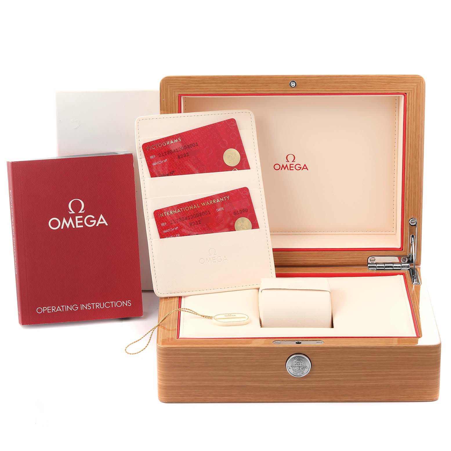 The image shows an open Omega Seamaster 212.30.41.20.03.001 Men
s Stainless Steel Blue Dial 212.30.41.20.03.001 Men
s Stainless Steel Blue Dial watch box, warranty cards, and an instruction booklet.