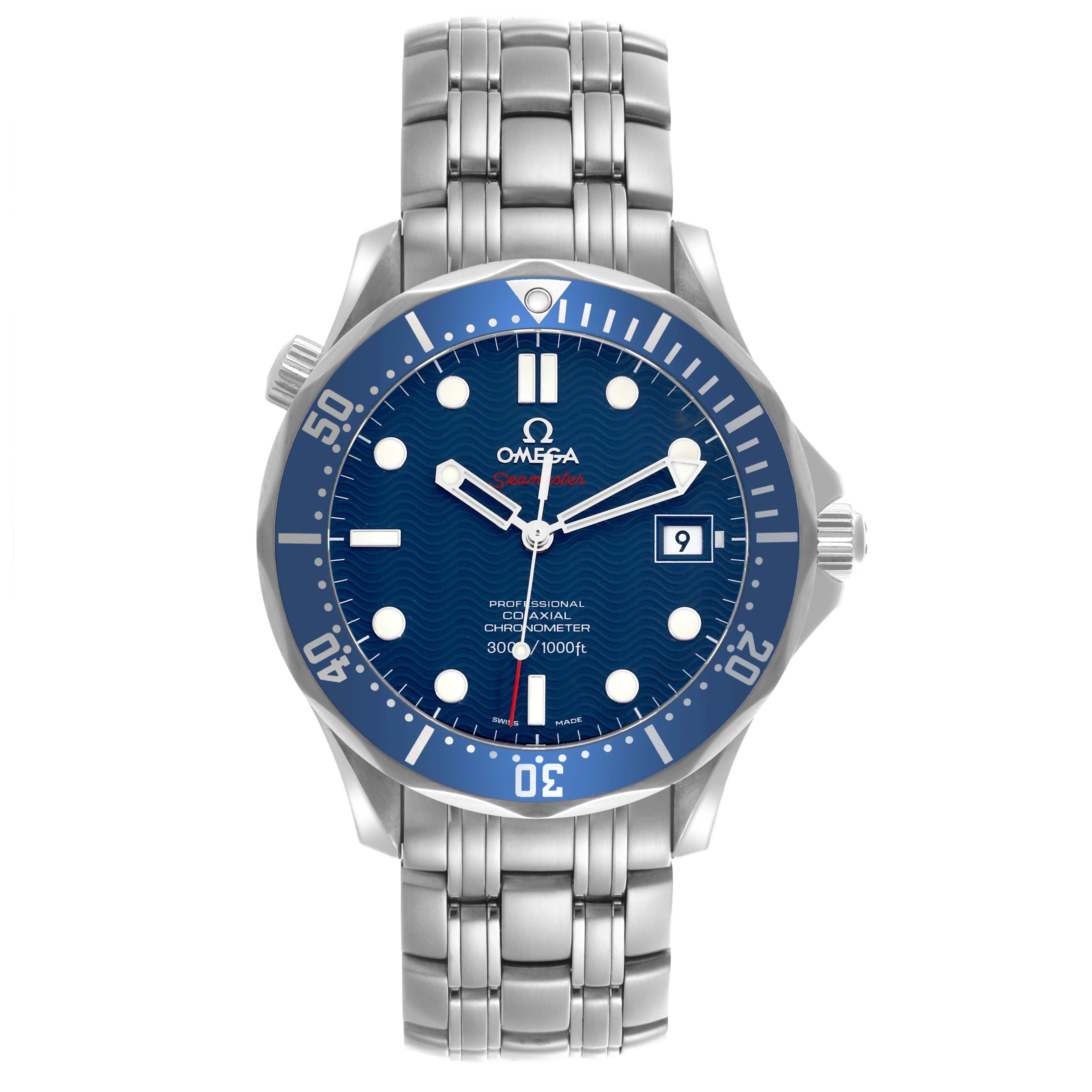 The Omega Seamaster 2220.80.00 Men
s Stainless Steel Blue Dial 2220.80.00 Men
s Stainless Steel Blue Dial watch is shown from a front angle, highlighting the face, bezel, crown, and stainless steel bracelet.