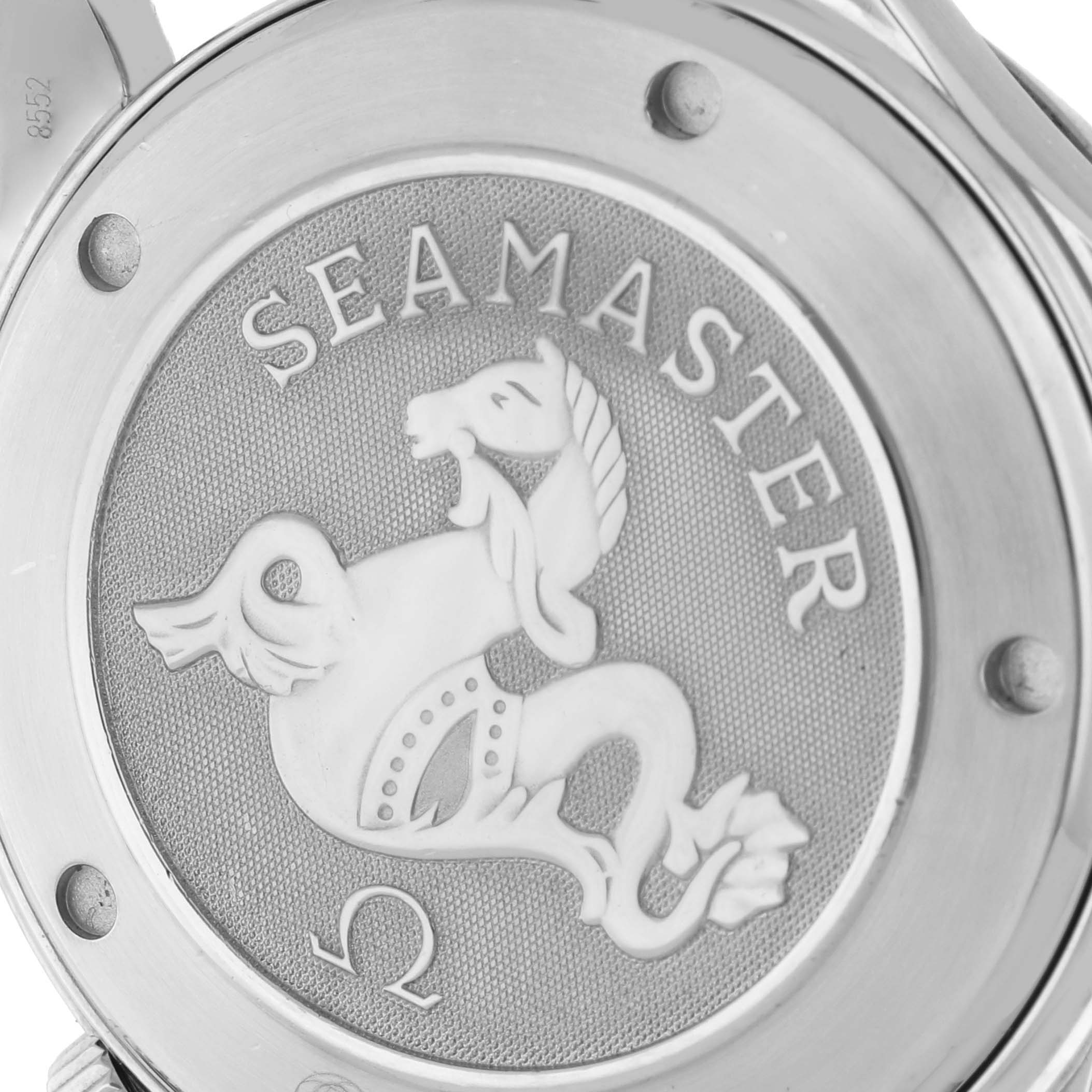 The image shows the case back of the Omega Seamaster 2220.80.00 Men
s Stainless Steel Blue Dial 2220.80.00 Men
s Stainless Steel Blue Dial watch, featuring the embossed design and logo.