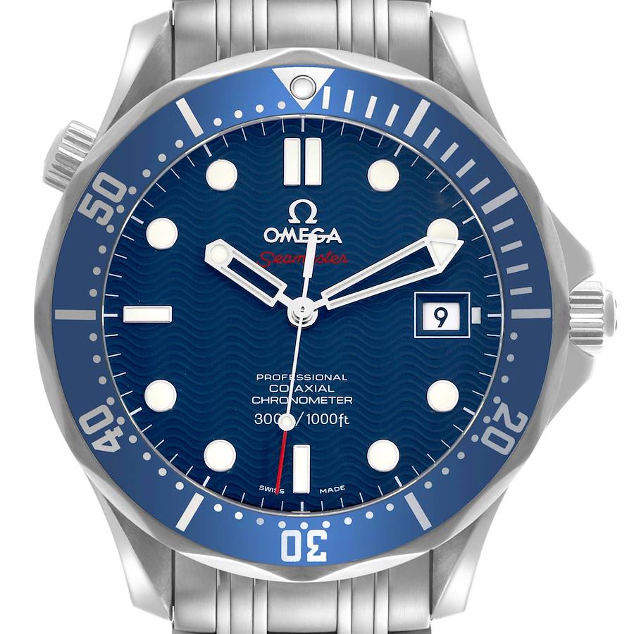 The image shows a front view of the Omega Seamaster watch, highlighting the dial, bezel, hands, and date window.