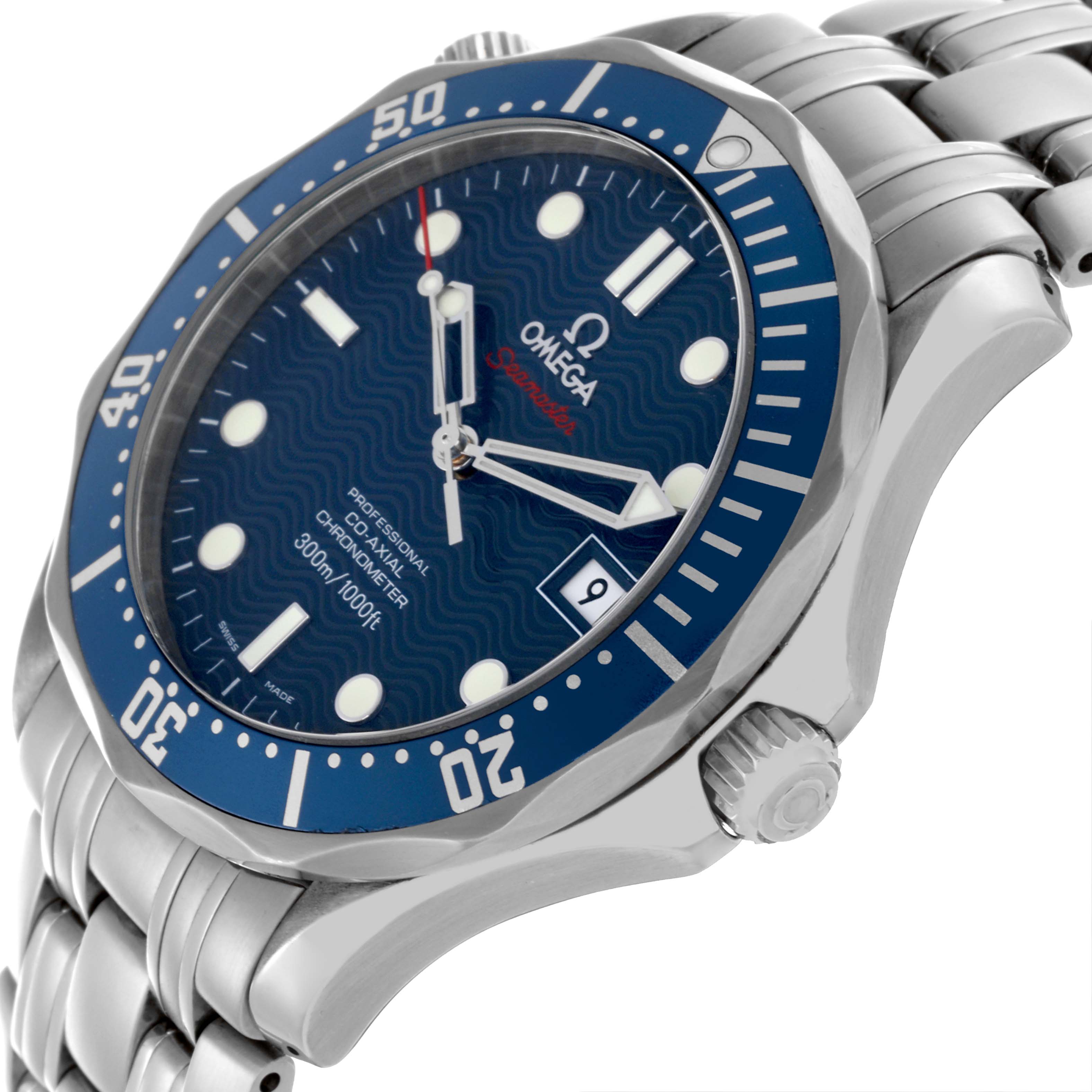 The Omega Seamaster 2220.80.00 Men
s Stainless Steel Blue Dial 2220.80.00 Men
s Stainless Steel Blue Dial watch is shown at an angled close-up, highlighting the crown, bezel, and part of the bracelet.