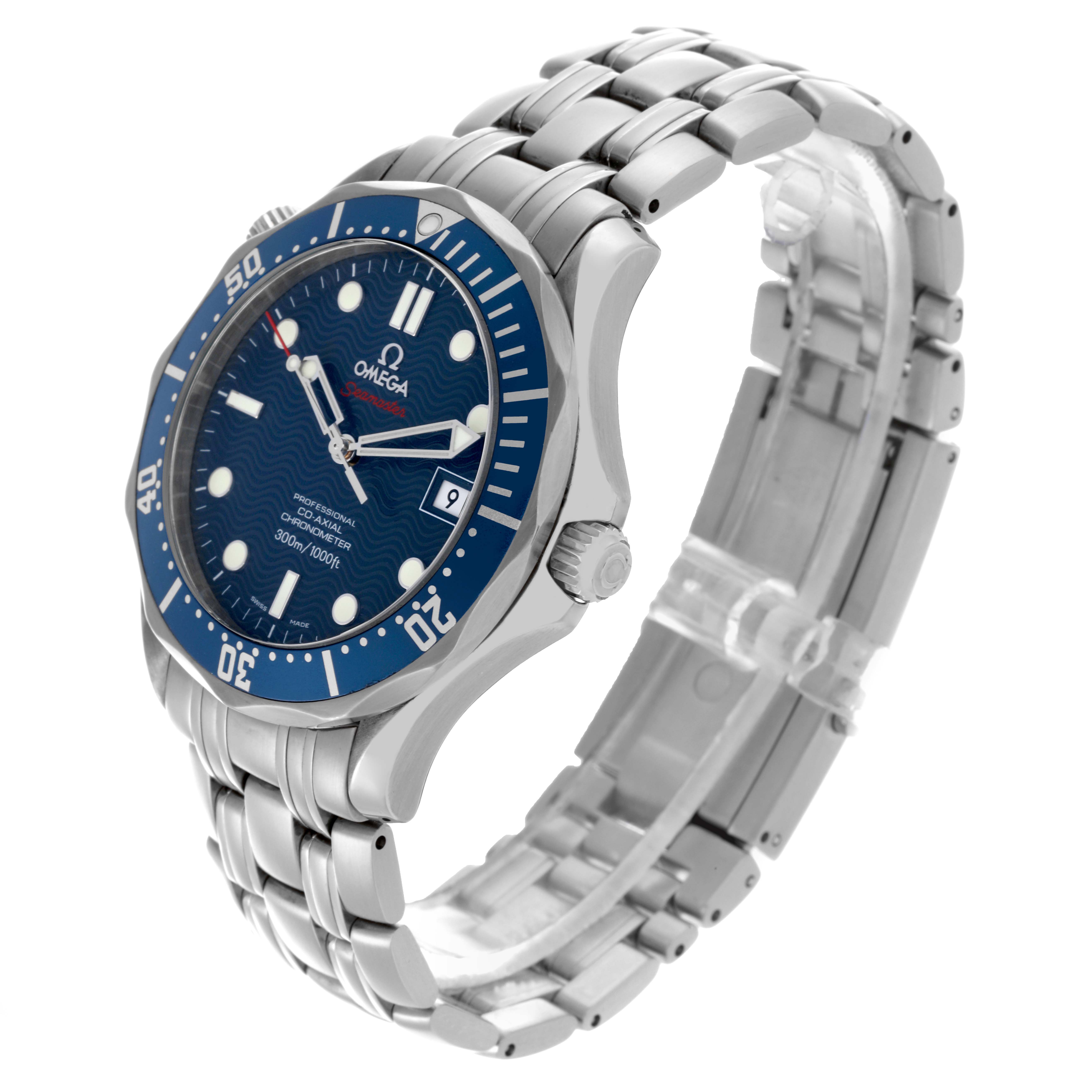 The Omega Seamaster 2220.80.00 Men
s Stainless Steel Blue Dial 2220.80.00 Men
s Stainless Steel Blue Dial watch is shown at a three-quarter angle, highlighting the face, bezel, crown, and stainless steel bracelet.