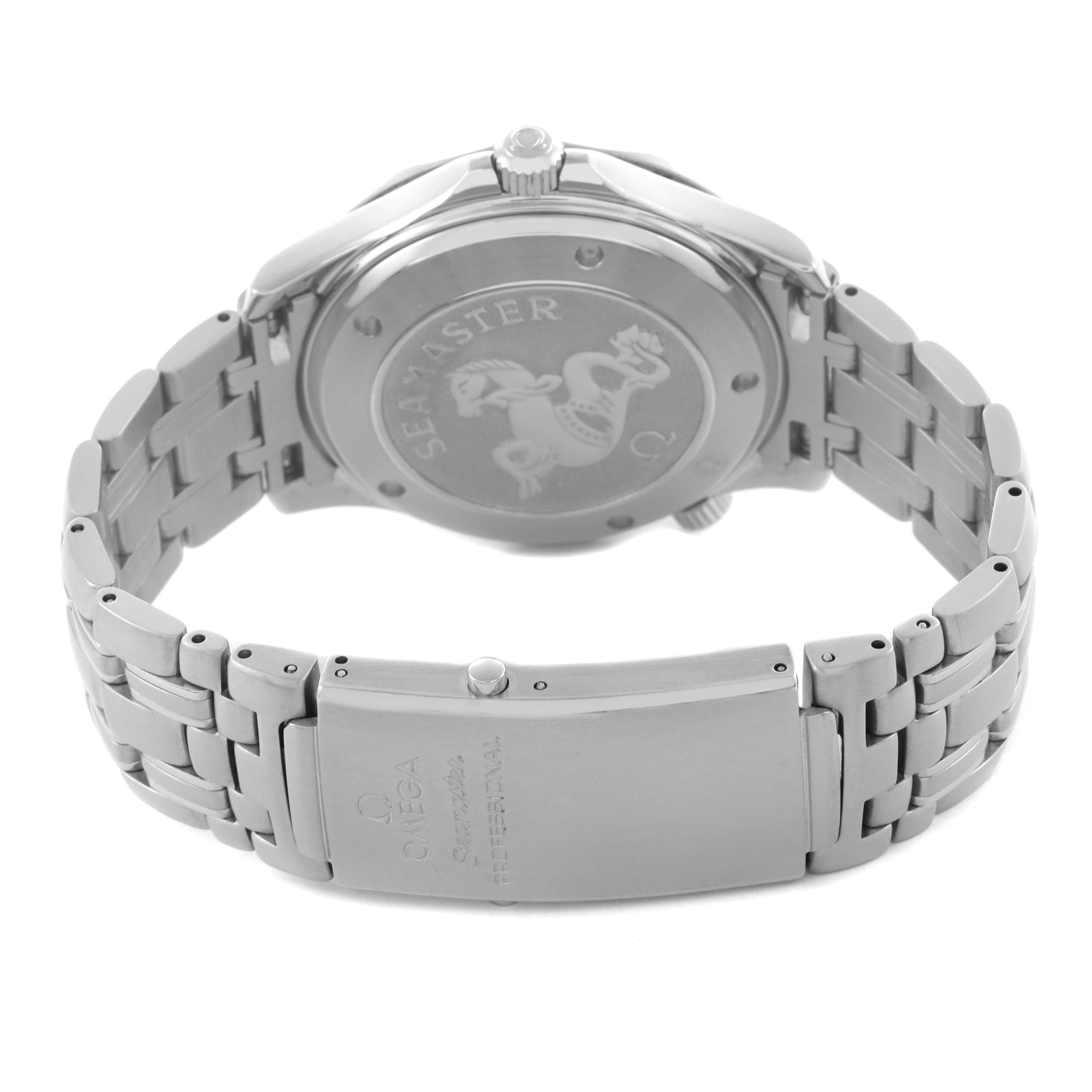 The Omega Seamaster 2220.80.00 Men
s Stainless Steel Blue Dial 2220.80.00 Men
s Stainless Steel Blue Dial watch is shown from the back, highlighting the engraved case back and metal bracelet with clasp.