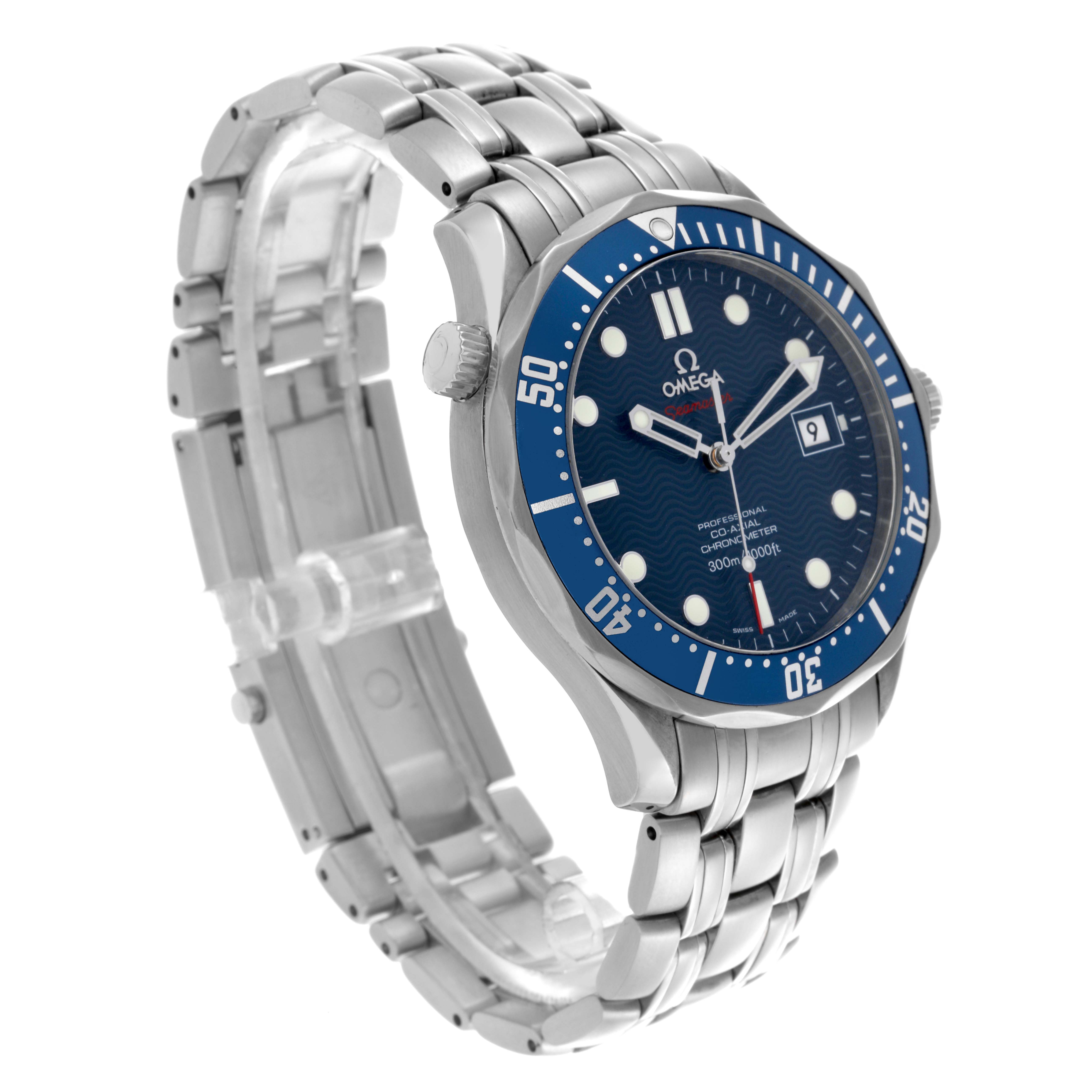 The Omega Seamaster 2220.80.00 Men
s Stainless Steel Blue Dial 2220.80.00 Men
s Stainless Steel Blue Dial watch is shown at a three-quarter angle, highlighting its blue dial, bezel, case, and metal bracelet.