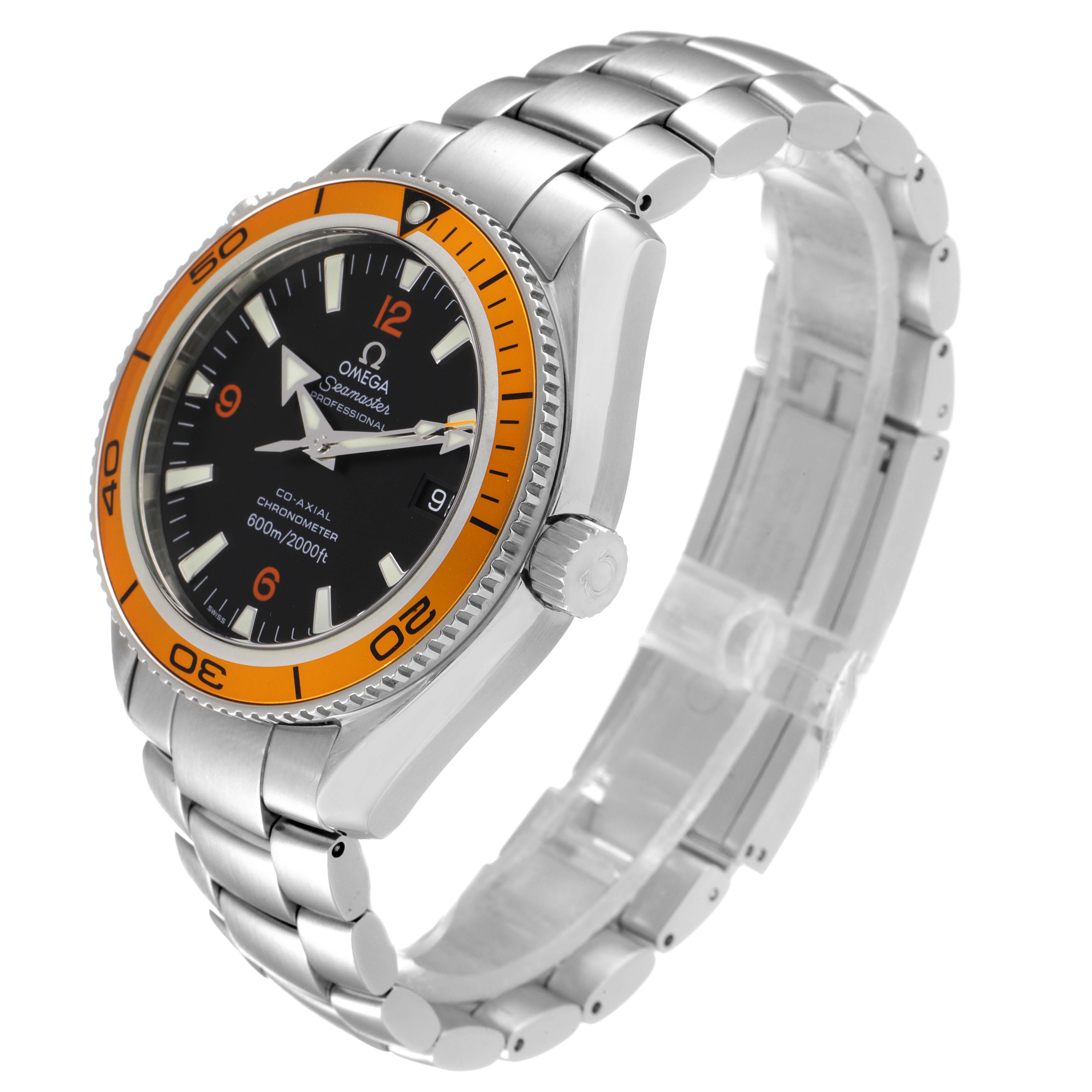 The image shows an angled view of the Omega Planet Ocean 2209.50.00 Men's Stainless Steel Black Dial 2209.50.00 Men's Stainless Steel Black Dial watch, highlighting its orange bezel and metal bracelet.