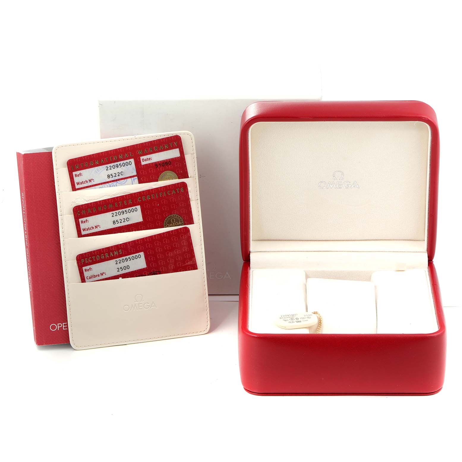 This image shows the Omega Planet Ocean 2209.50.00 Men's Stainless Steel Black Dial 2209.50.00 Men's Stainless Steel Black Dial watch box, warranty cards, and additional documentation from a frontal angle.