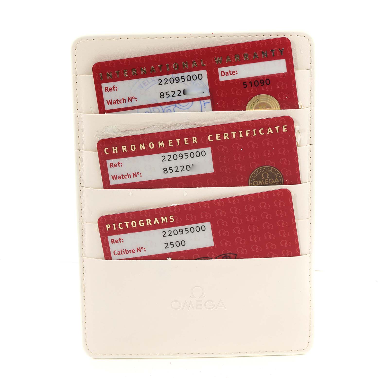 The image shows a white Omega cardholder with three identification and warranty cards for the Omega Planet Ocean 2209.50.00 Men's Stainless Steel Black Dial 2209.50.00 Men's Stainless Steel Black Dial model.