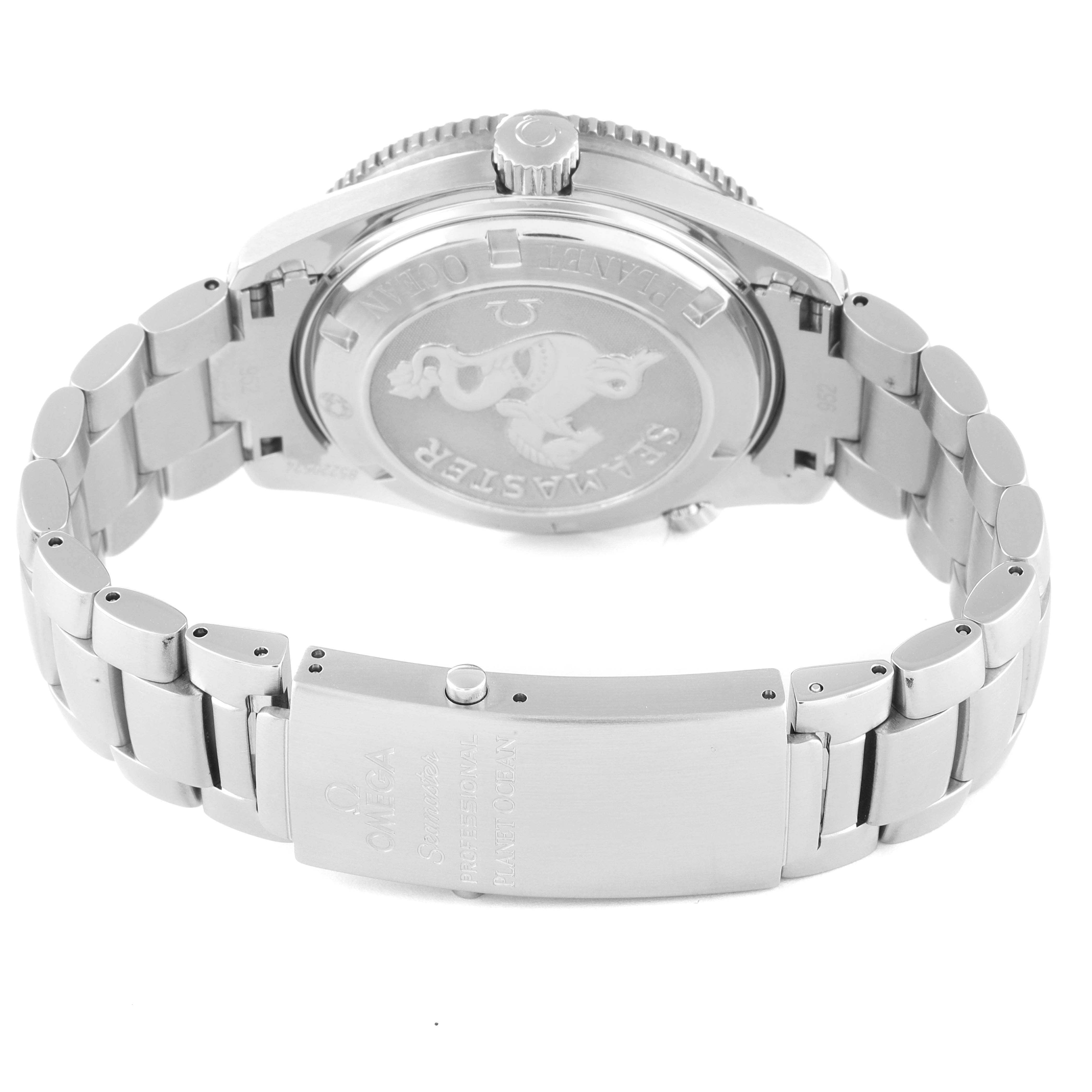 The image shows the back view of an Omega Planet Ocean 2209.50.00 Men's Stainless Steel Black Dial 2209.50.00 Men's Stainless Steel Black Dial watch, showcasing the case back and metal bracelet clasp.