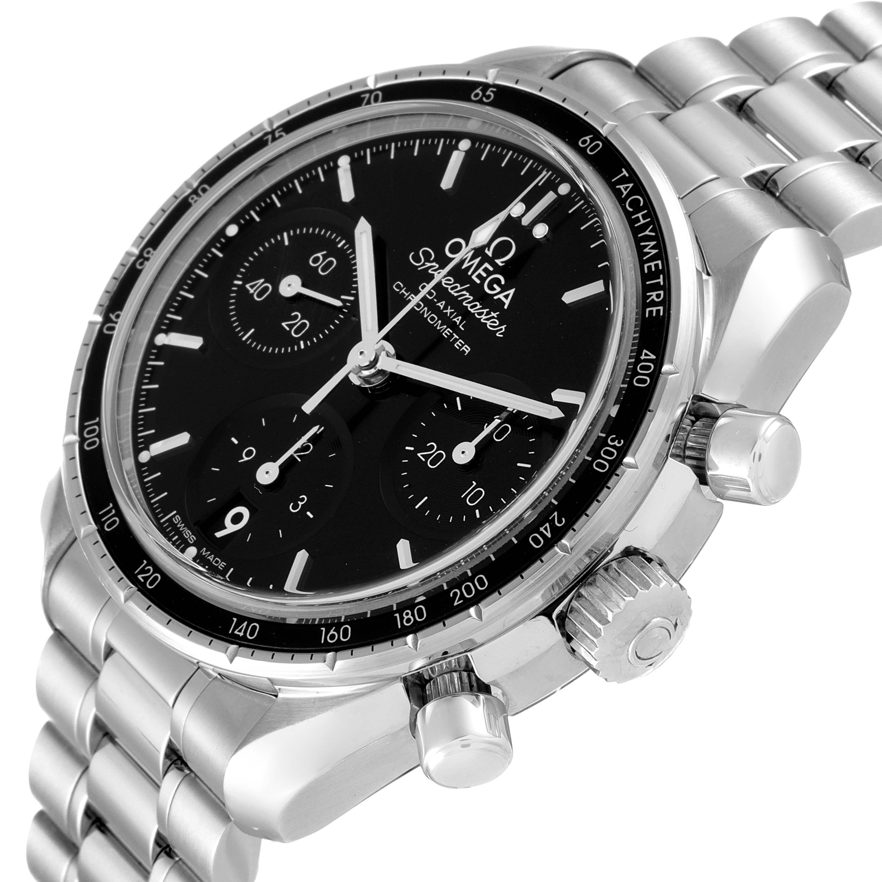 The Omega Speedmaster 324.30.38.50.01.001 Men
s Stainless Steel Black Dial 324.30.38.50.01.001 Men
s Stainless Steel Black Dial watch is shown at a three-quarter angle, displaying the face, crown, pushers, and metal bracelet.