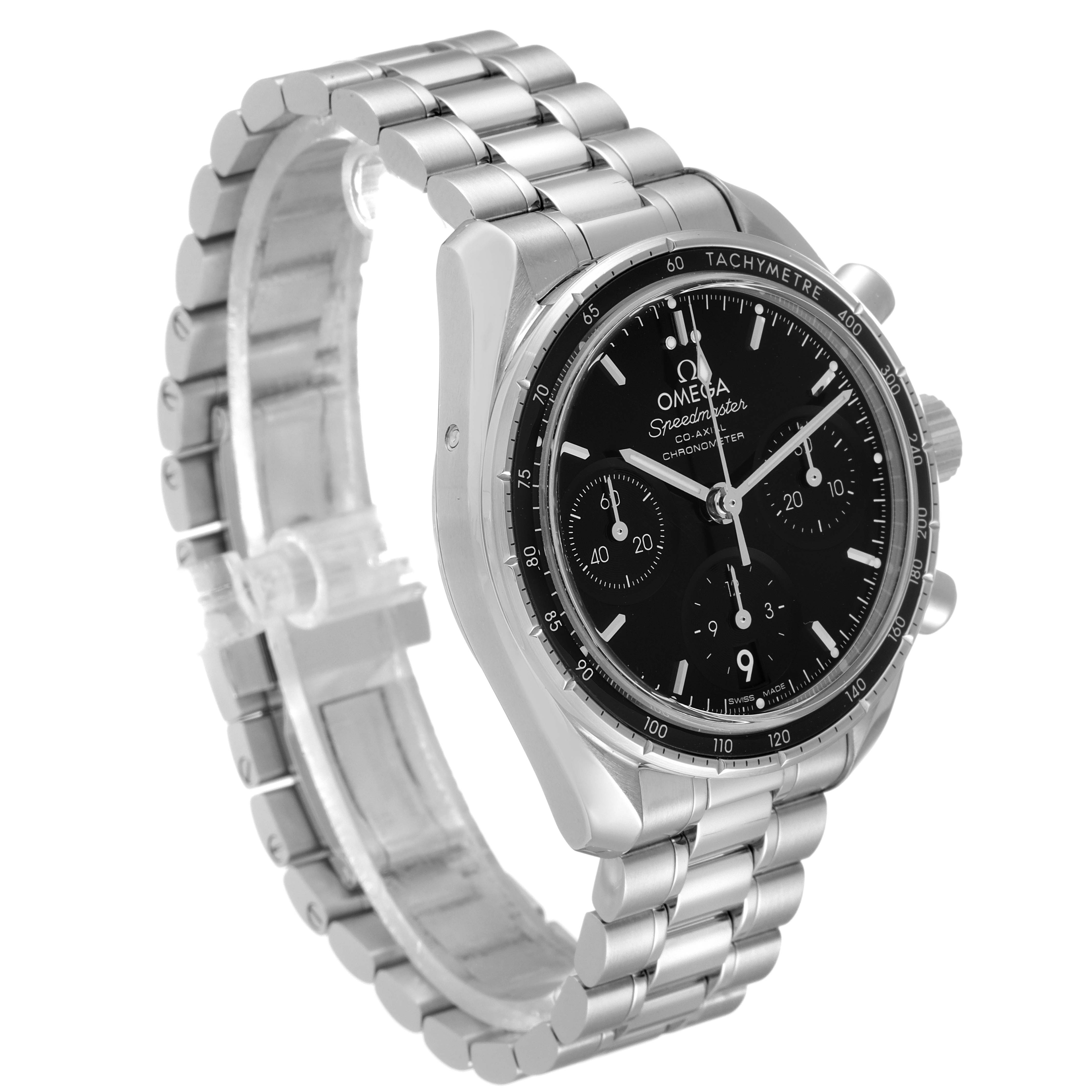 The image shows a three-quarter angle view of an Omega Speedmaster 324.30.38.50.01.001 Men
s Stainless Steel Black Dial 324.30.38.50.01.001 Men
s Stainless Steel Black Dial, displaying the watch face, bracelet, and pushers.