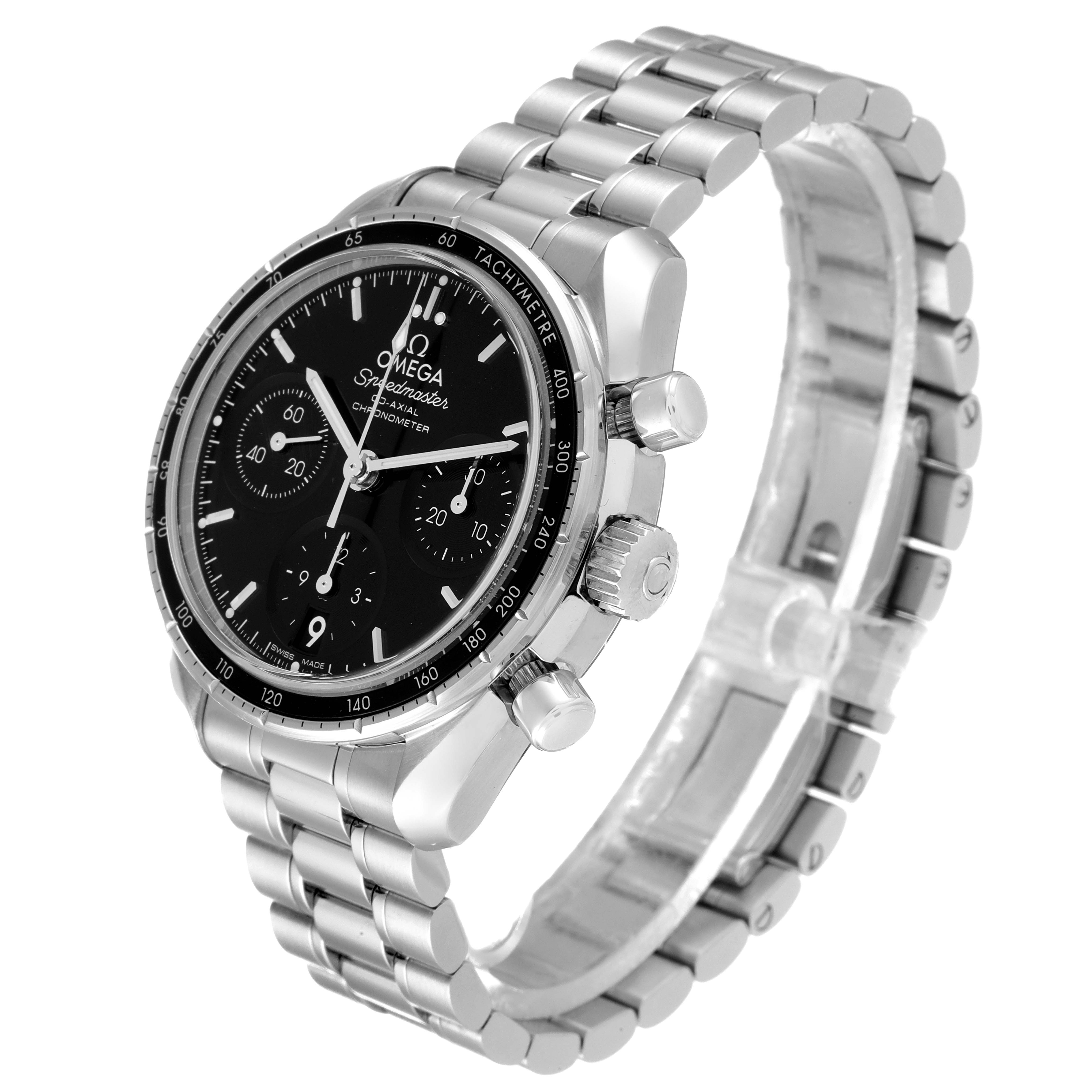 The image shows an Omega Speedmaster 324.30.38.50.01.001 Men
s Stainless Steel Black Dial 324.30.38.50.01.001 Men
s Stainless Steel Black Dial watch at a three-quarter angle, displaying the face, bezel, crown, pushers, and metal bracelet.