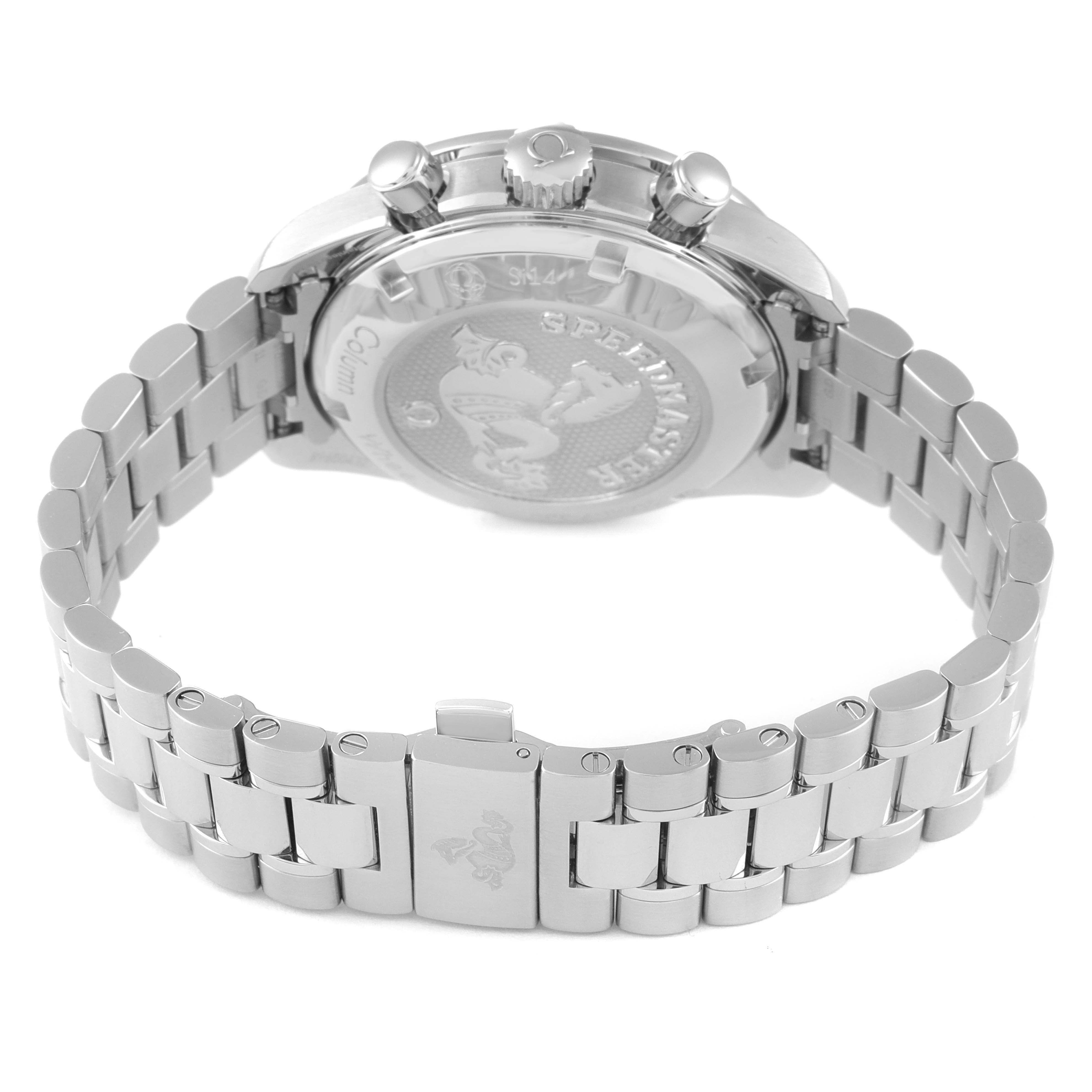 This image shows the back and bracelet of the Omega Speedmaster 324.30.38.50.01.001 Men
s Stainless Steel Black Dial 324.30.38.50.01.001 Men
s Stainless Steel Black Dial watch from a rear angle.