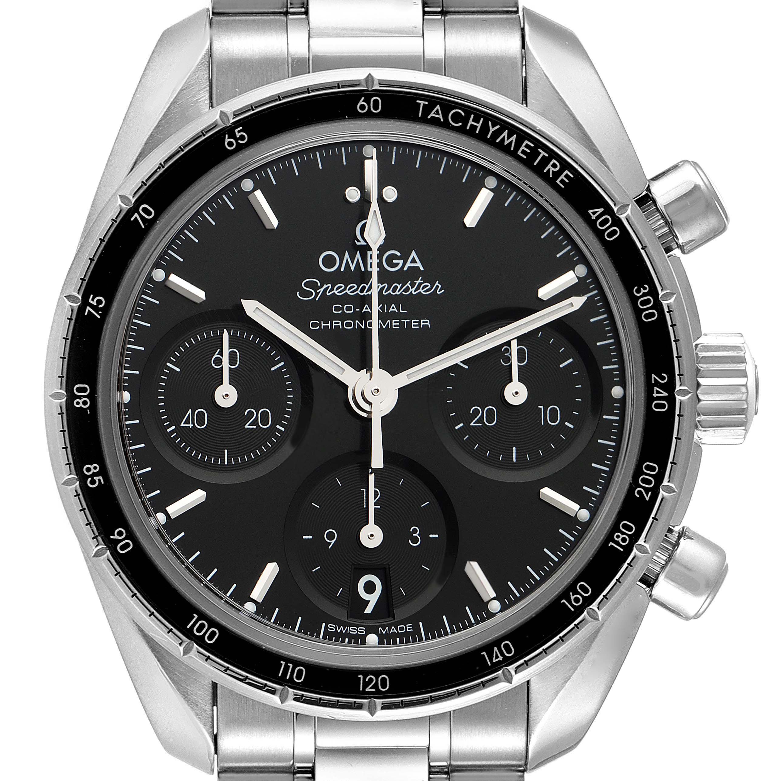 This image shows the face and bezel of the Omega Speedmaster 324.30.38.50.01.001 Men
s Stainless Steel Black Dial 324.30.38.50.01.001 Men
s Stainless Steel Black Dial watch, including its dials, hands, and tachymeter scale.