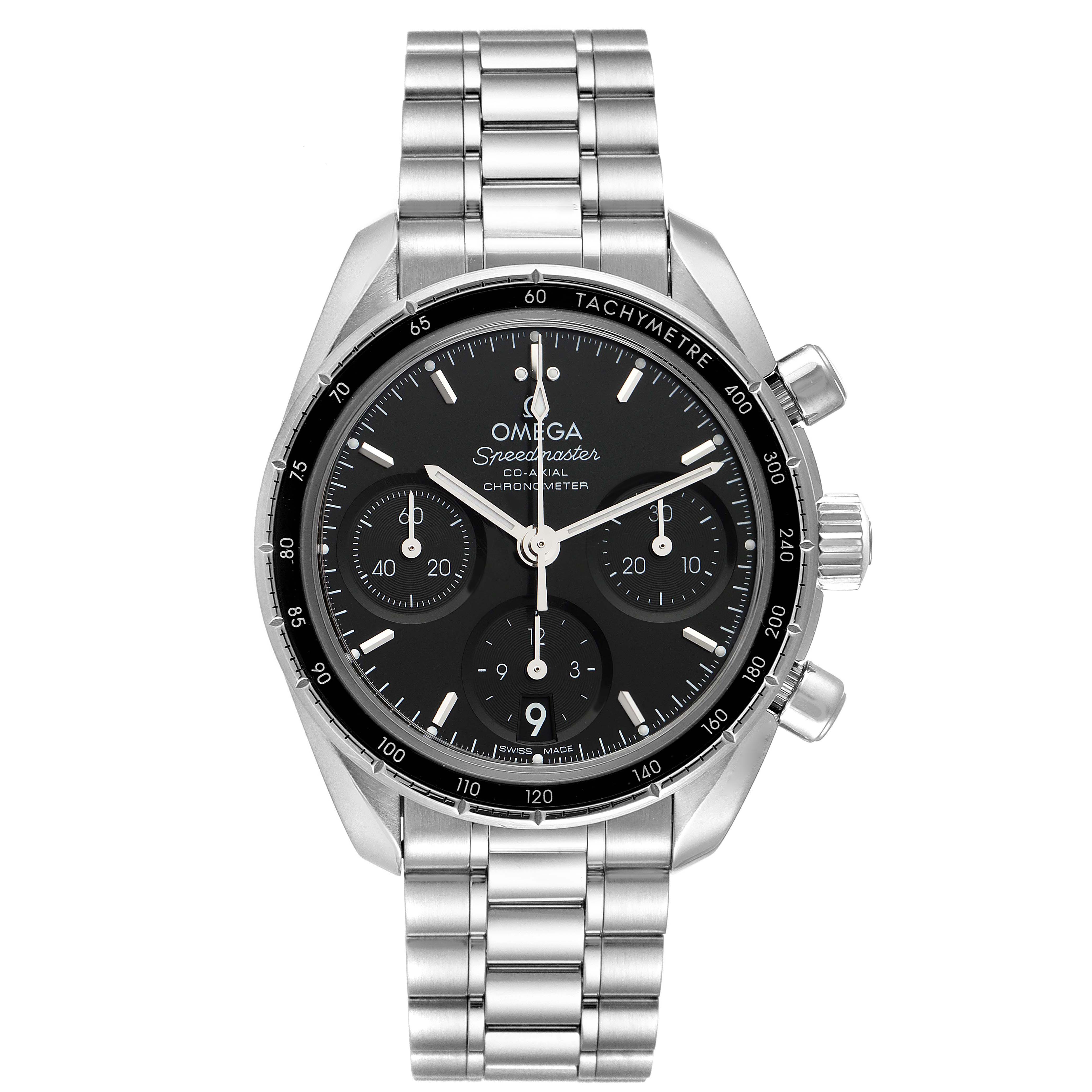 The image shows a front view of the Omega Speedmaster 324.30.38.50.01.001 Men
s Stainless Steel Black Dial 324.30.38.50.01.001 Men
s Stainless Steel Black Dial watch, including the dial, bezel, and metal bracelet.