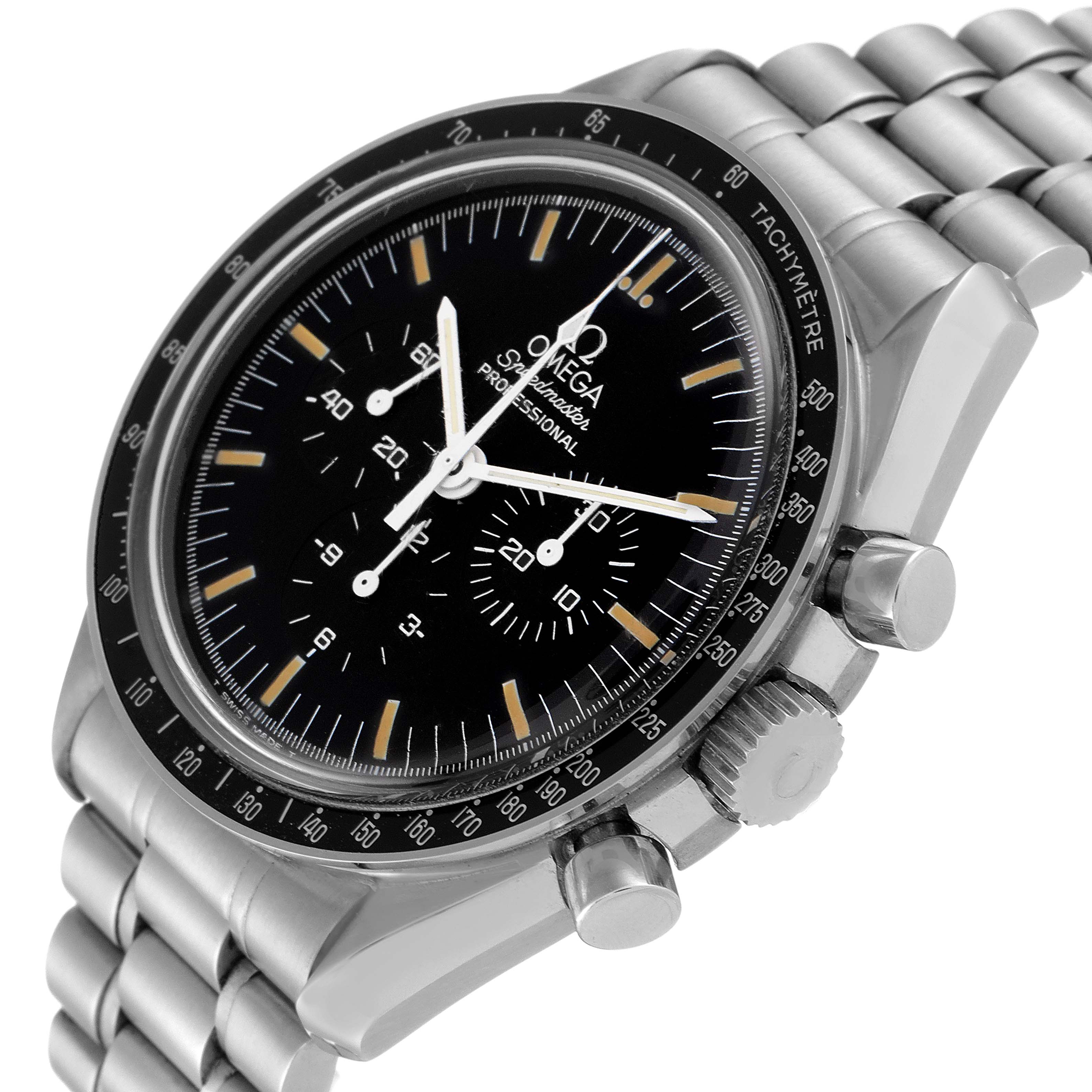 The Omega Speedmaster 3590.50.00 Men's Stainless Steel Black Dial 3590.50.00 Men's Stainless Steel Black Dial watch is shown at an angled close-up, displaying its dial, bezel, crown, and pushers.
