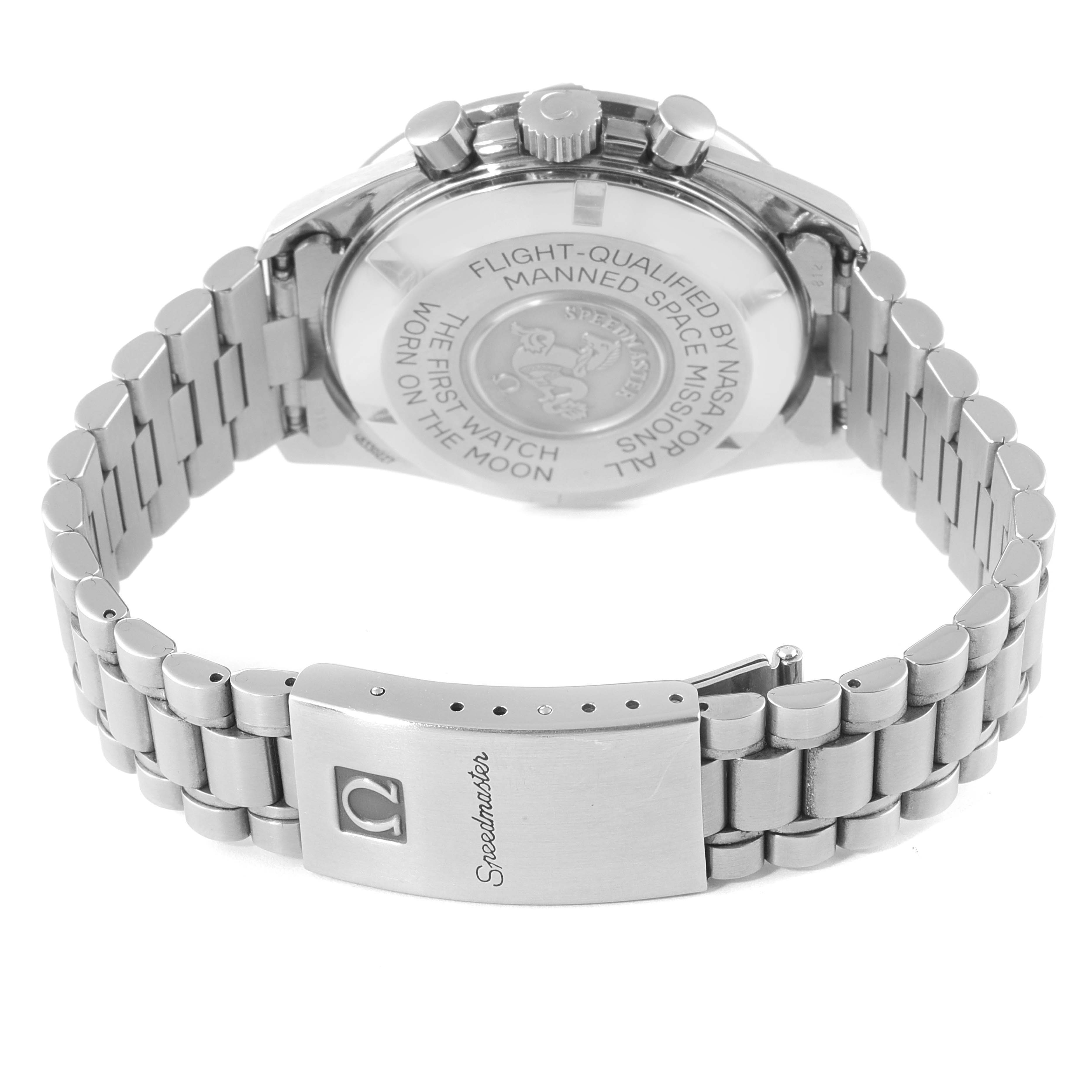 The image shows the back case, crown, pushers, and bracelet with the clasp of the Omega Speedmaster 3590.50.00 Men's Stainless Steel Black Dial 3590.50.00 Men's Stainless Steel Black Dial watch.