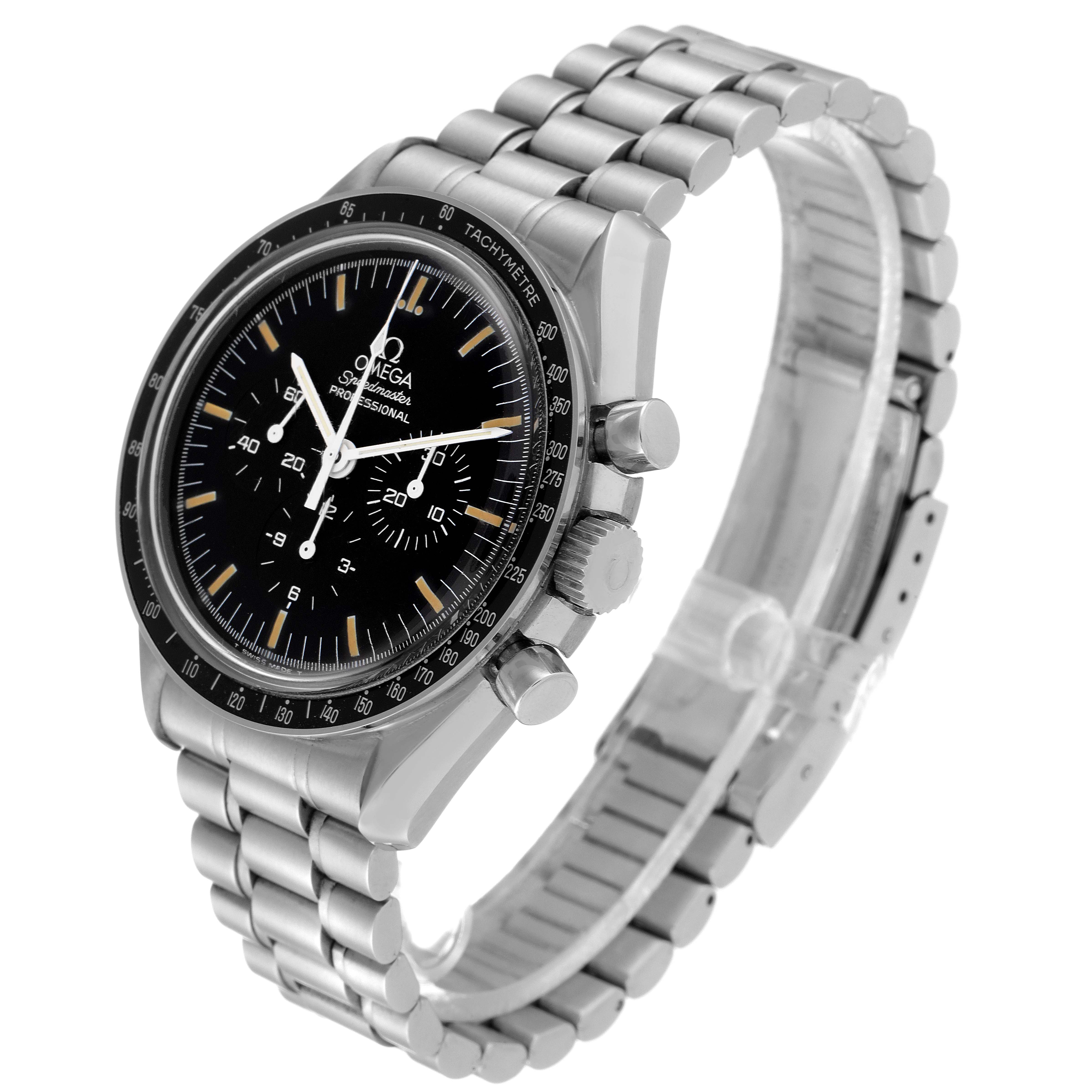 The image shows a frontal and side view of an Omega Speedmaster 3590.50.00 Men's Stainless Steel Black Dial 3590.50.00 Men's Stainless Steel Black Dial watch, highlighting its face, bezel, buttons, and metal bracelet.