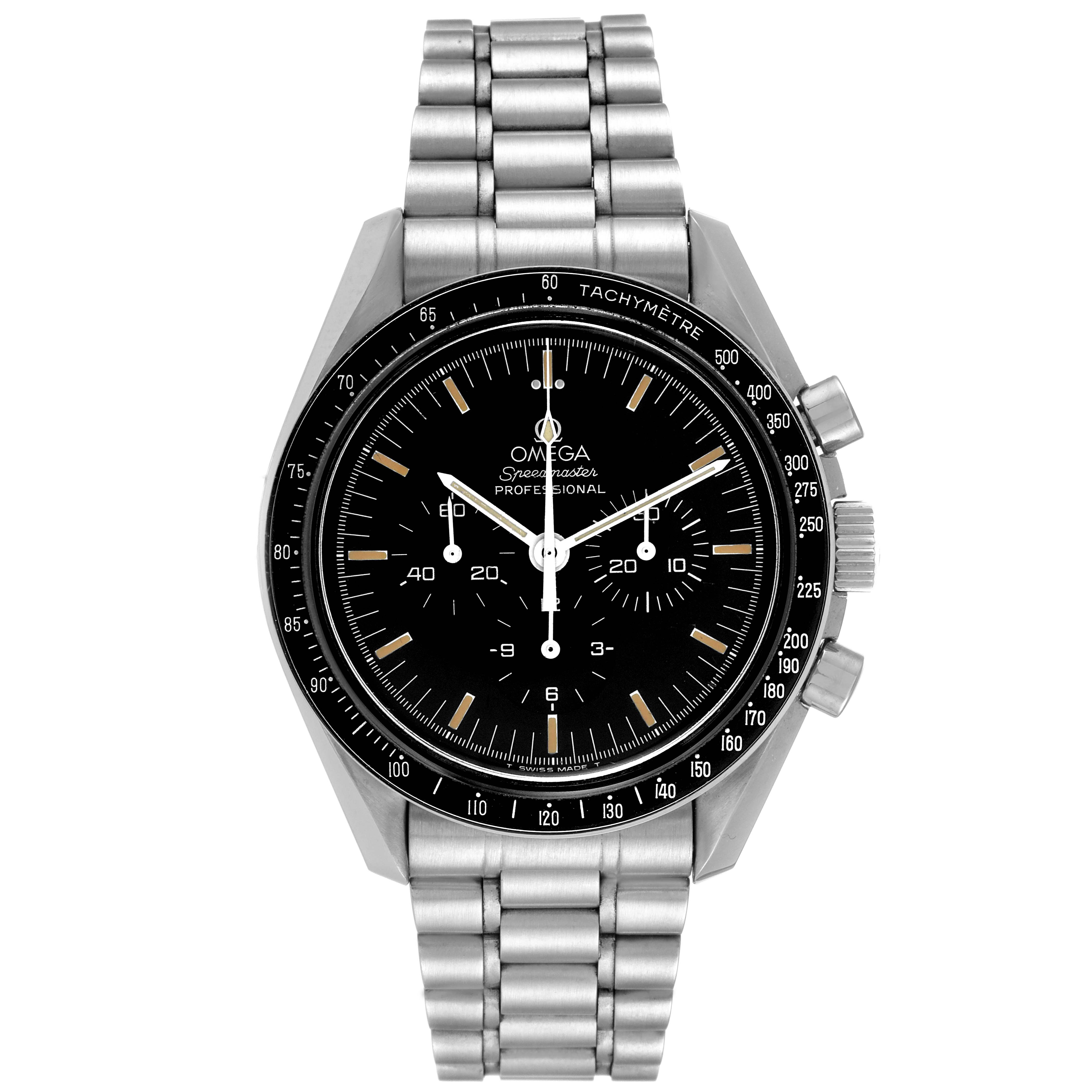 The Omega Speedmaster 3590.50.00 Men's Stainless Steel Black Dial 3590.50.00 Men's Stainless Steel Black Dial watch is shown from a front angle, displaying the face, bezel, chronograph buttons, and bracelet.