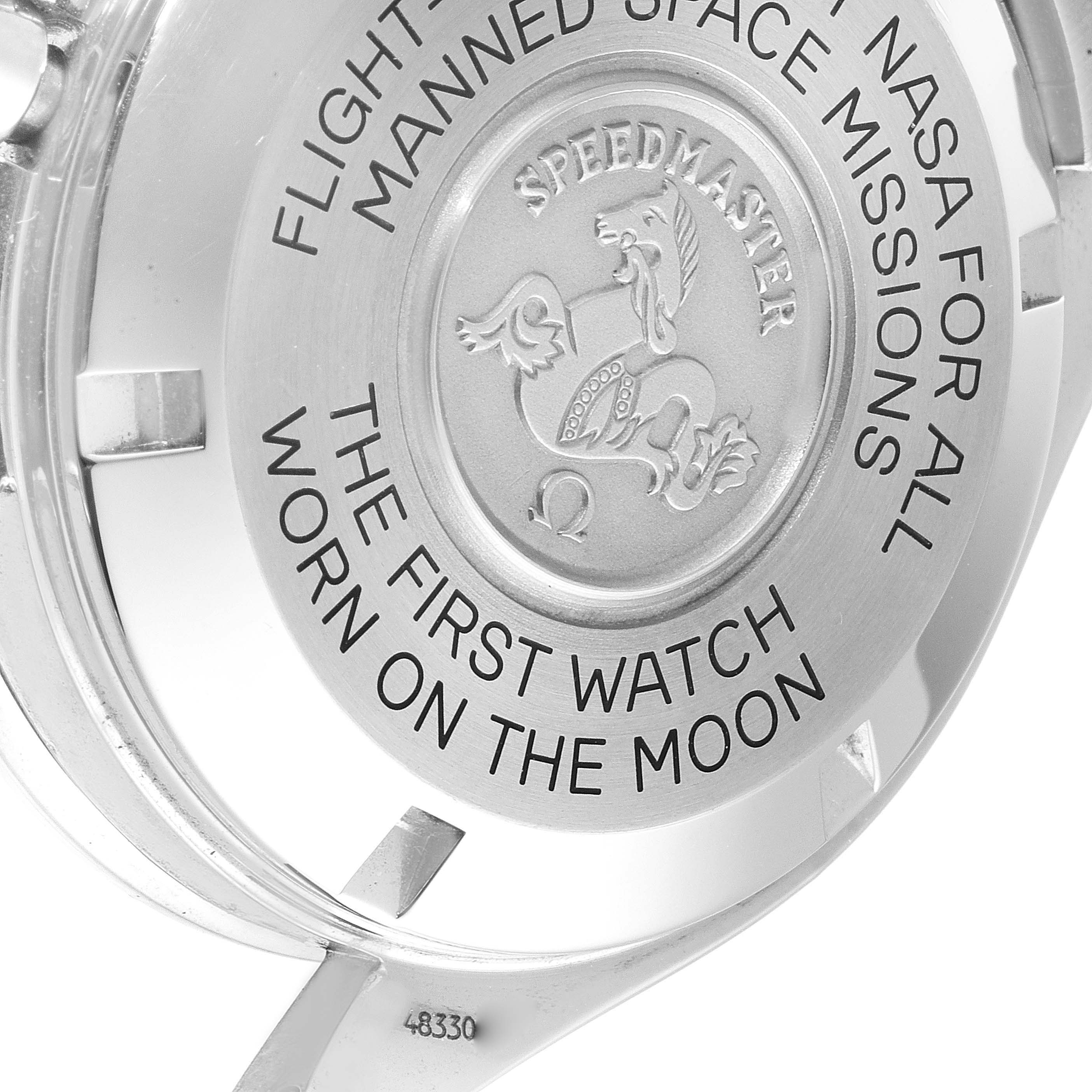 This image shows the back case of the Omega Speedmaster 3590.50.00 Men's Stainless Steel Black Dial 3590.50.00 Men's Stainless Steel Black Dial watch, highlighting the engraved inscriptions and logo.