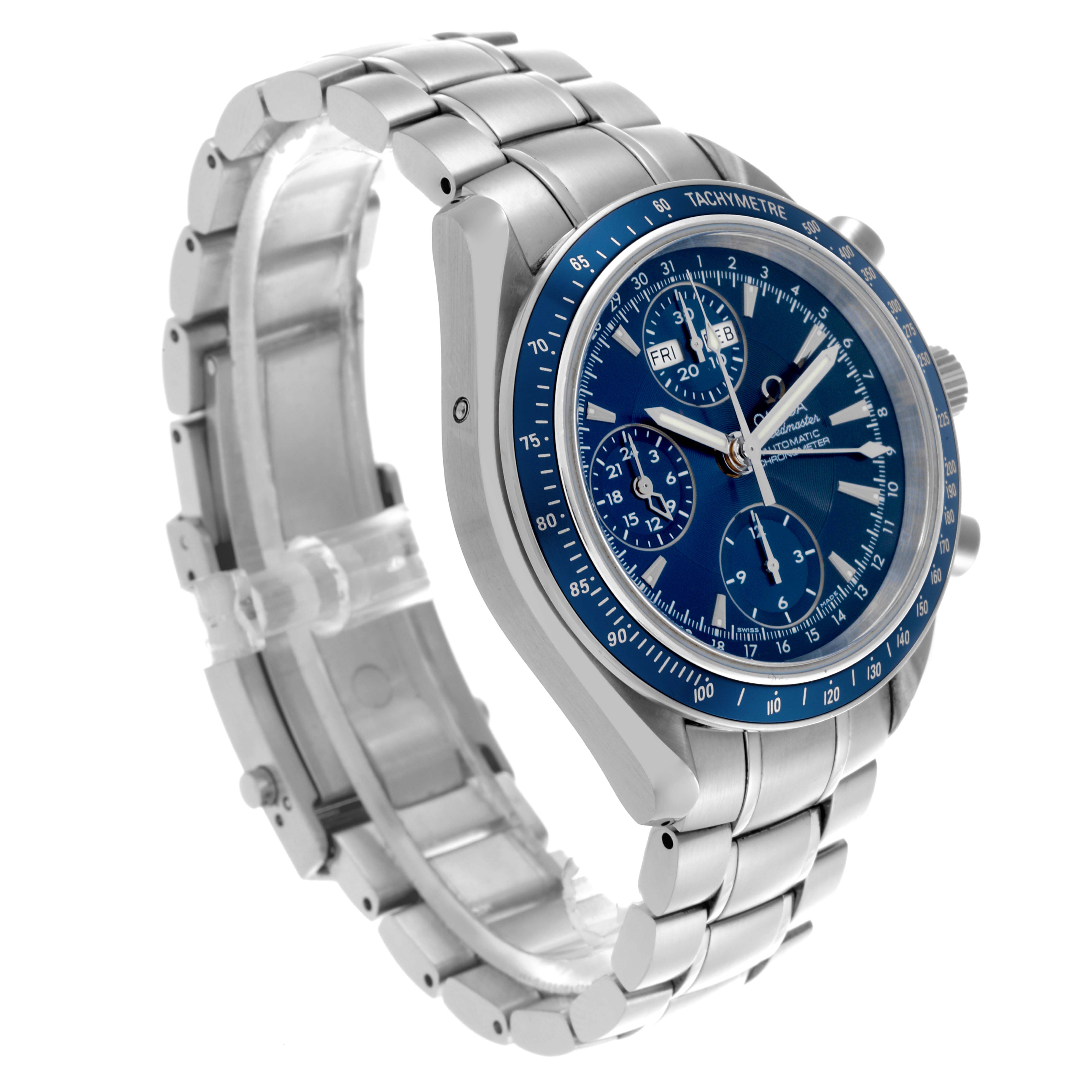 The Omega Speedmaster 3222.80.00 Men
s Stainless Steel Blue Dial 3222.80.00 Men
s Stainless Steel Blue Dial watch is angled slightly from the left, showing the face, bezel, buttons, and metal bracelet clearly.