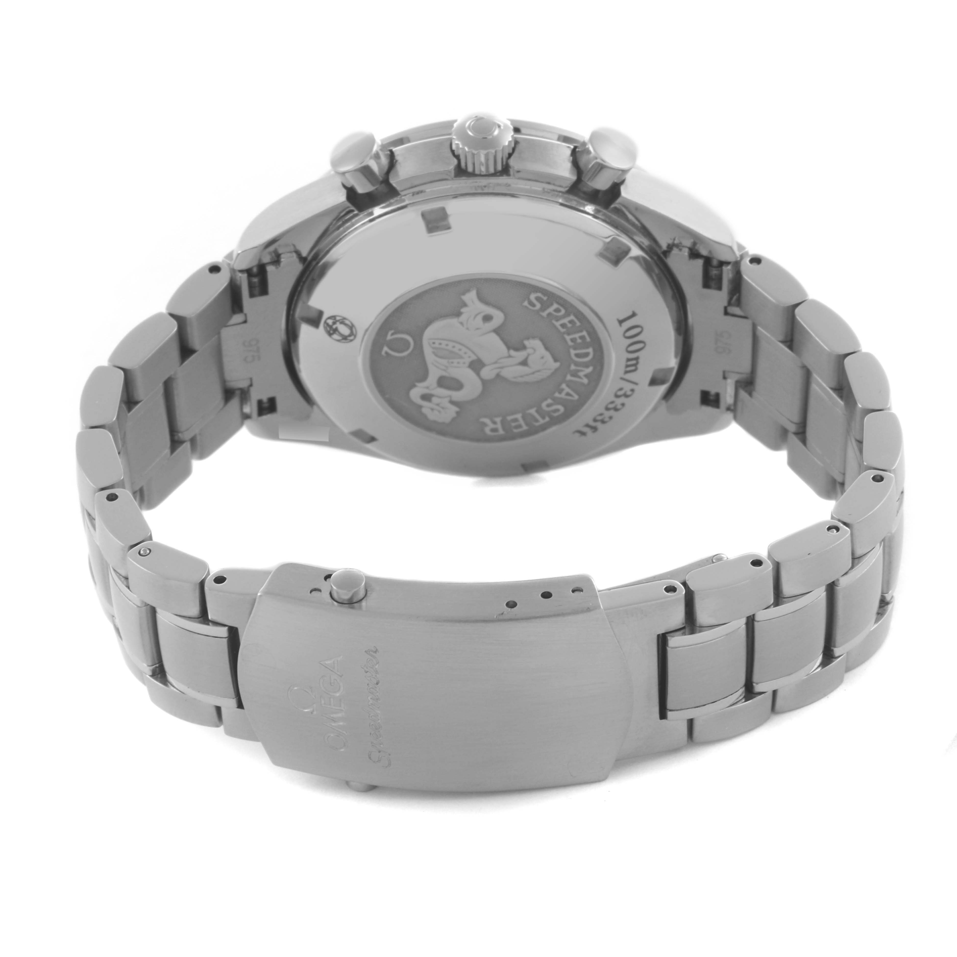 The image shows the back view of the Omega Speedmaster 3222.80.00 Men
s Stainless Steel Blue Dial 3222.80.00 Men
s Stainless Steel Blue Dial, highlighting the case back, clasp, and metal bracelet.