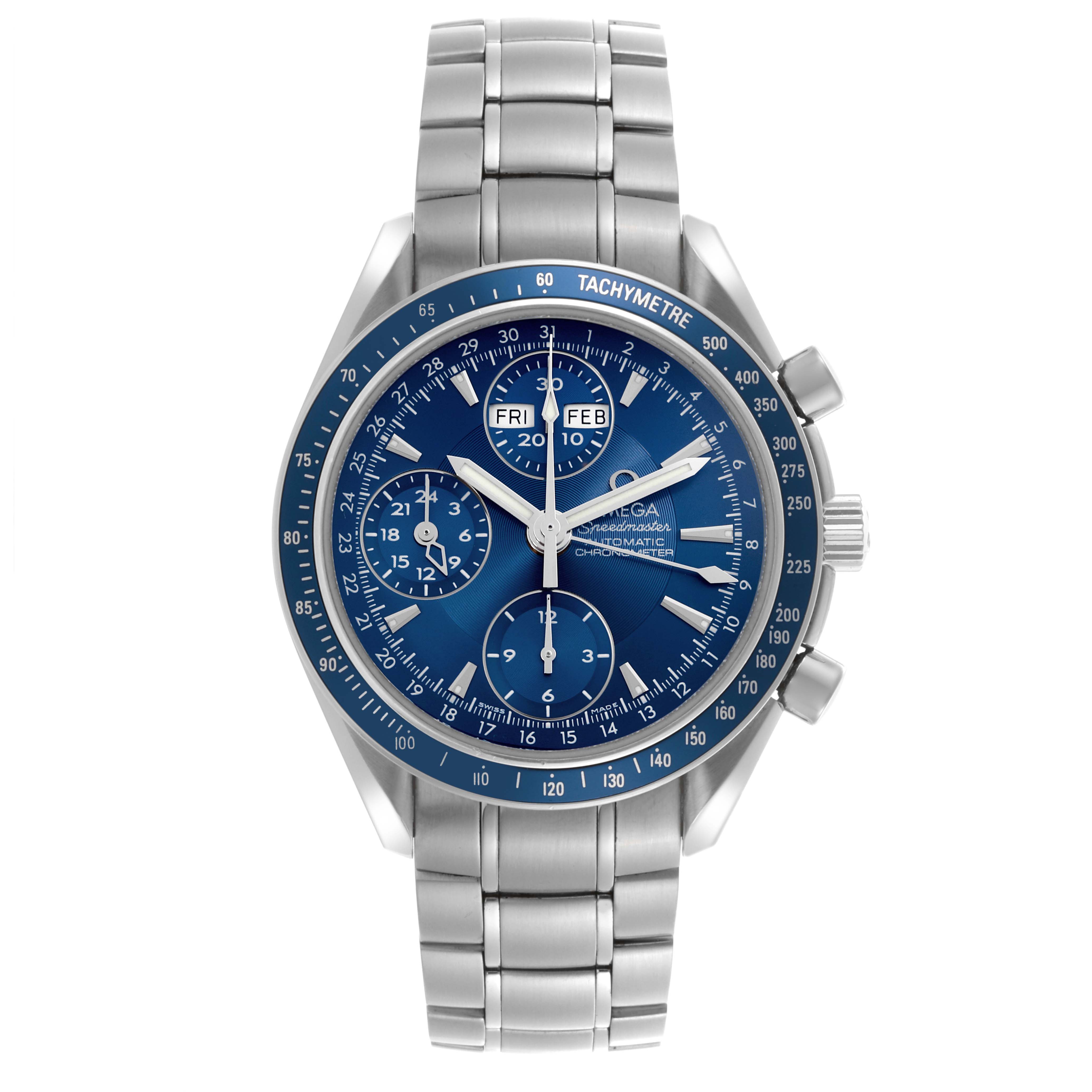 The Omega Speedmaster 3222.80.00 Men
s Stainless Steel Blue Dial 3222.80.00 Men
s Stainless Steel Blue Dial watch is shown from the front, displaying the blue dial, tachymetre bezel, and metal bracelet.