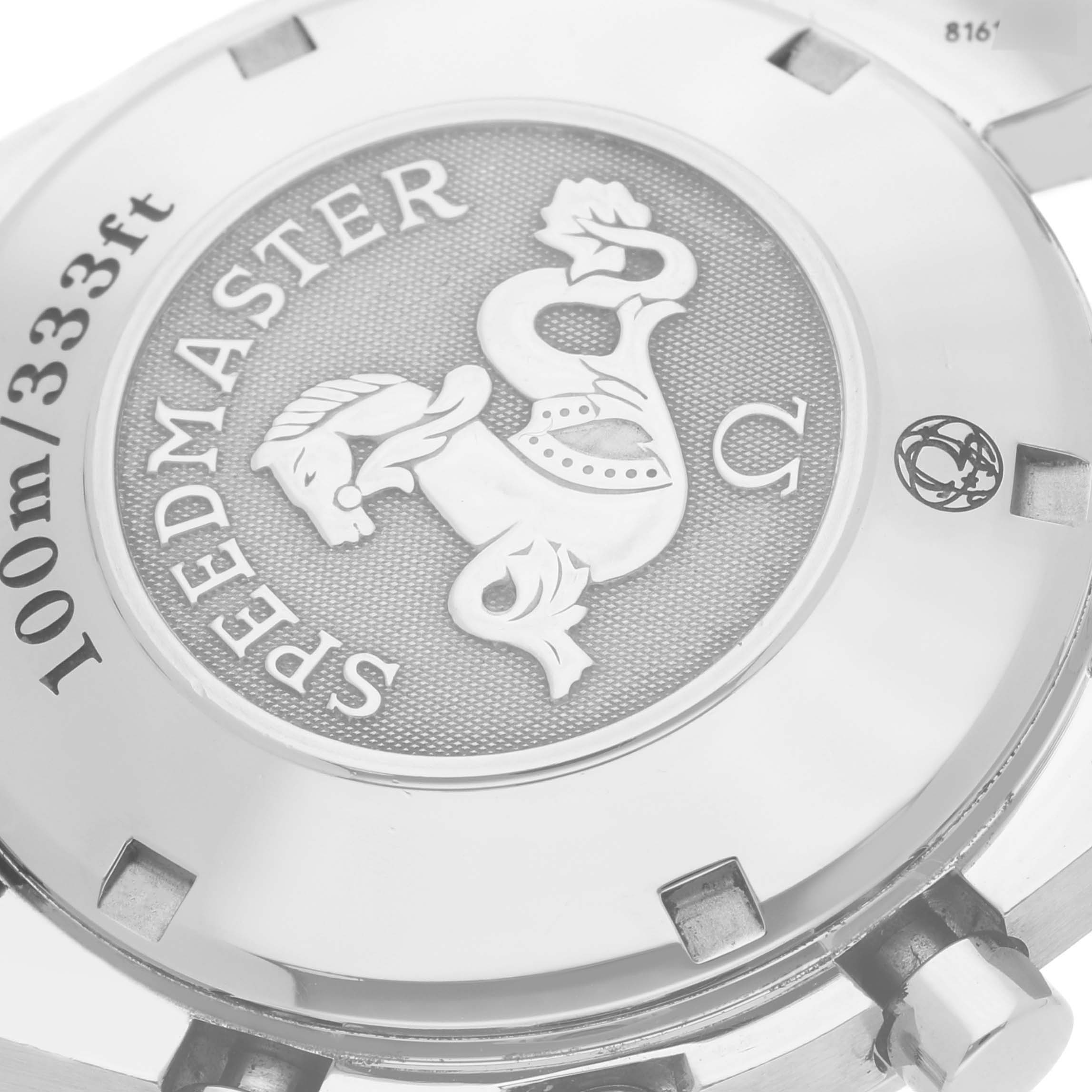 The image shows the case back of an Omega Speedmaster 3222.80.00 Men
s Stainless Steel Blue Dial 3222.80.00 Men
s Stainless Steel Blue Dial, highlighting the embossed logo and water resistance details.