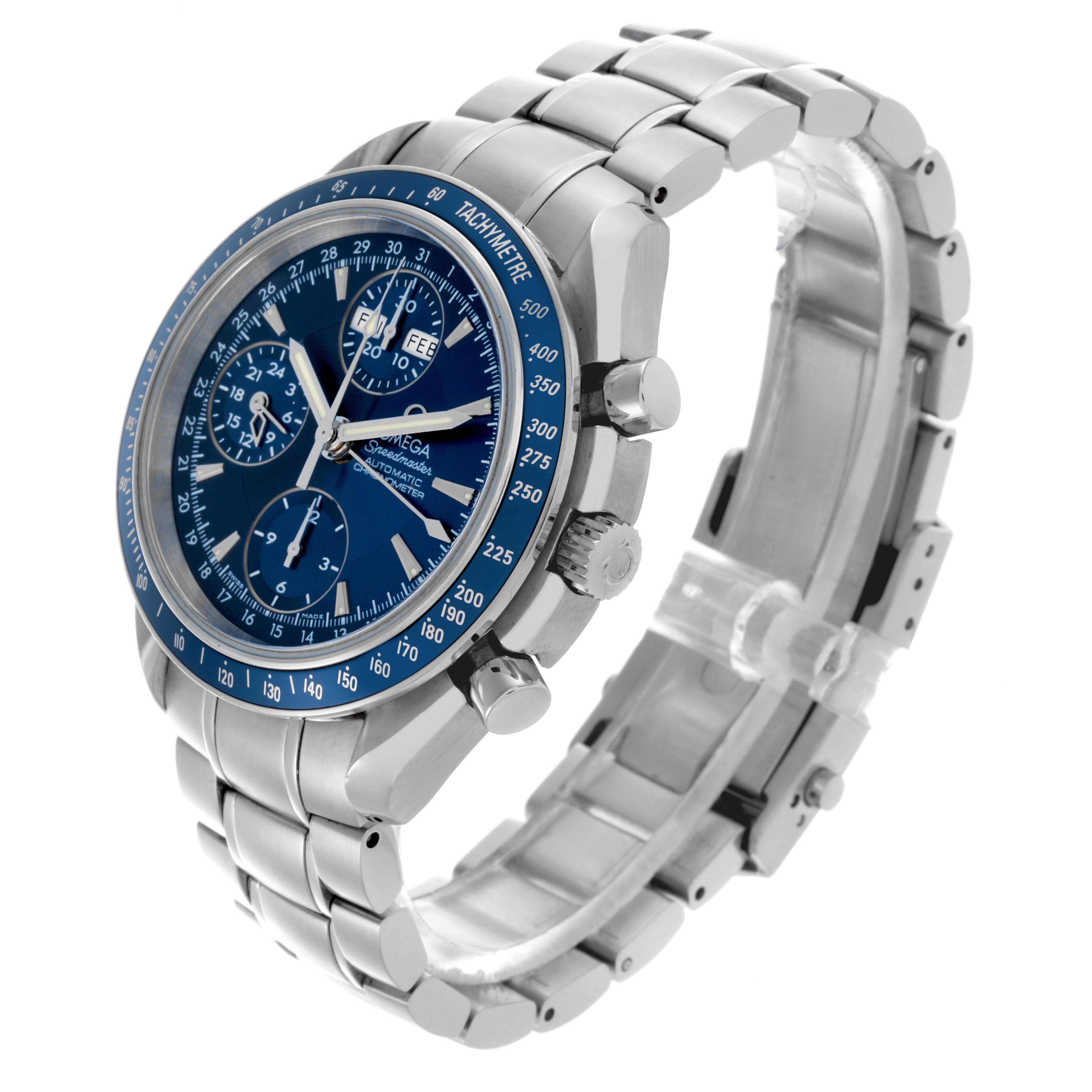 The Omega Speedmaster 3222.80.00 Men
s Stainless Steel Blue Dial 3222.80.00 Men
s Stainless Steel Blue Dial watch is shown at a three-quarter angle, featuring its blue dial, tachymeter bezel, and stainless steel bracelet.