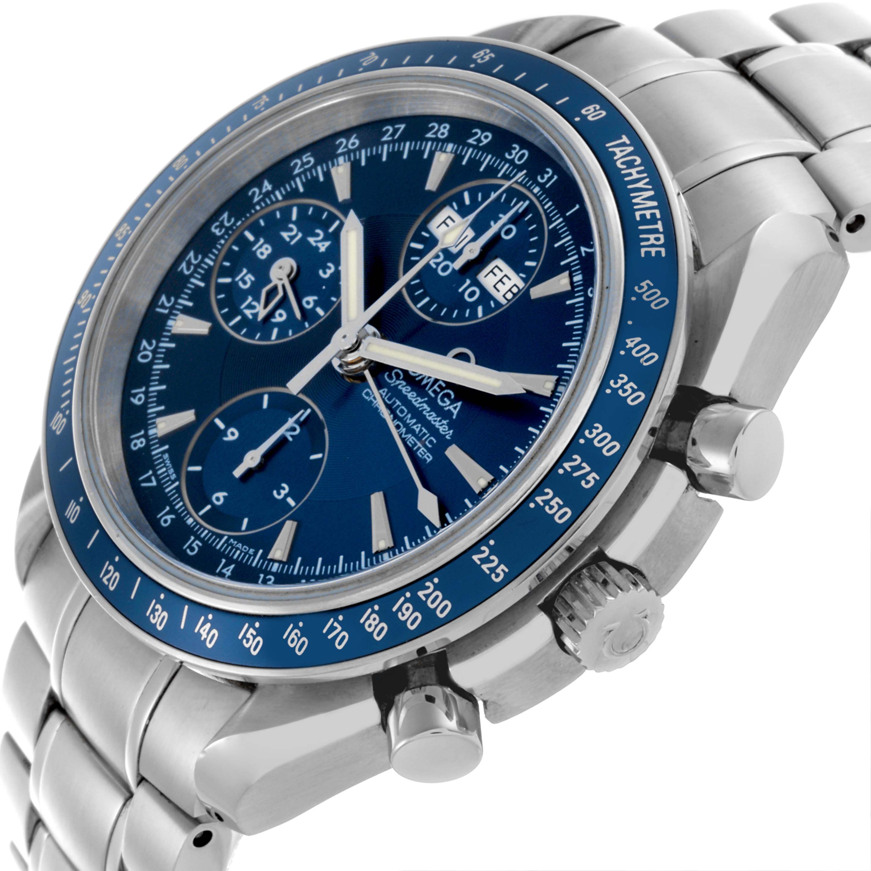 The Omega Speedmaster 3222.80.00 Men
s Stainless Steel Blue Dial 3222.80.00 Men
s Stainless Steel Blue Dial watch is shown at an angled side view, highlighting the dial, tachymeter bezel, pushers, and crown.