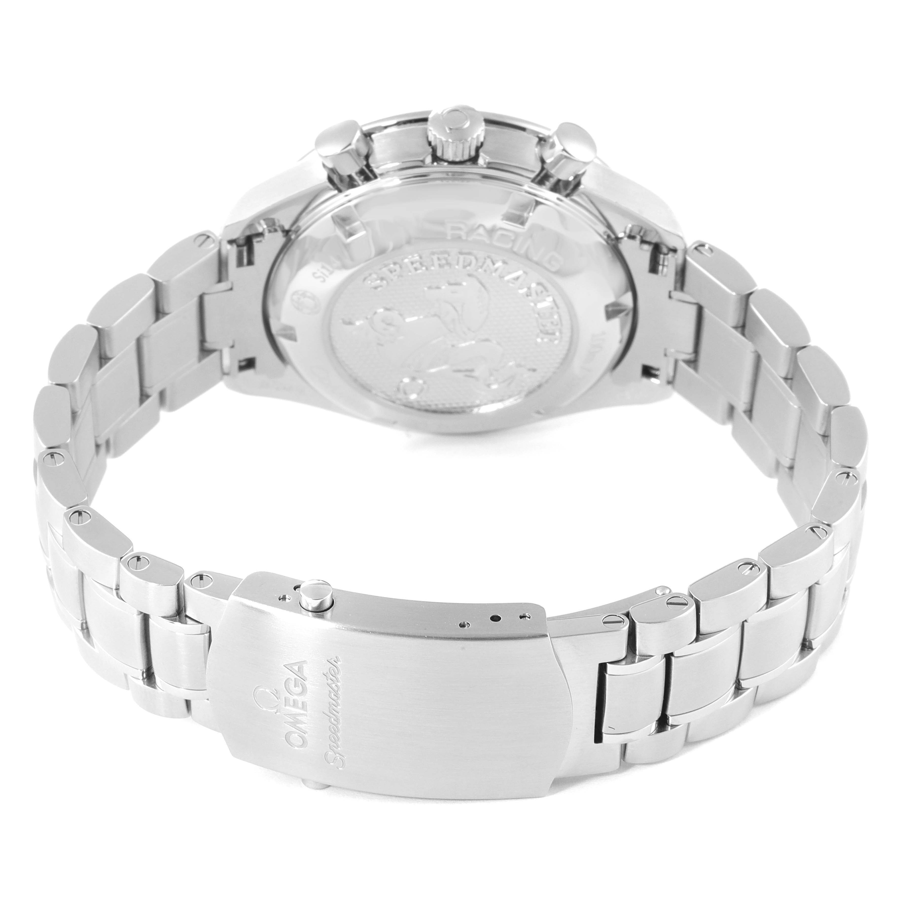 The image shows the back view of the Omega Speedmaster 326.30.40.50.03.001 Men
s Stainless Steel Blue Dial 326.30.40.50.03.001 Men
s Stainless Steel Blue Dial watch, including its case back, bracelet, and clasp.