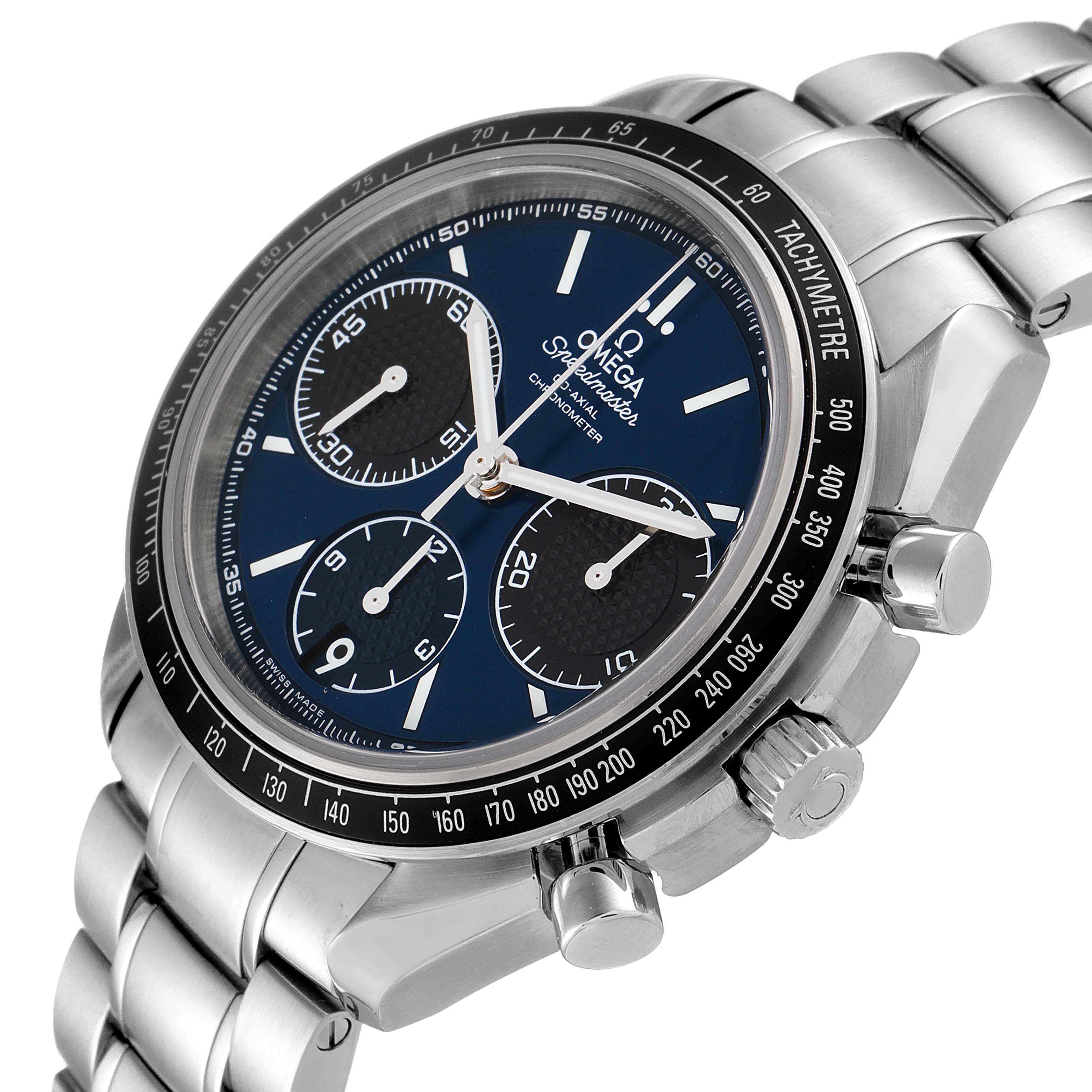 The image shows an angled view of the Omega Speedmaster 326.30.40.50.03.001 Men
s Stainless Steel Blue Dial 326.30.40.50.03.001 Men
s Stainless Steel Blue Dial watch highlighting the face, tachymeter bezel, crown, and stainless steel bracelet.